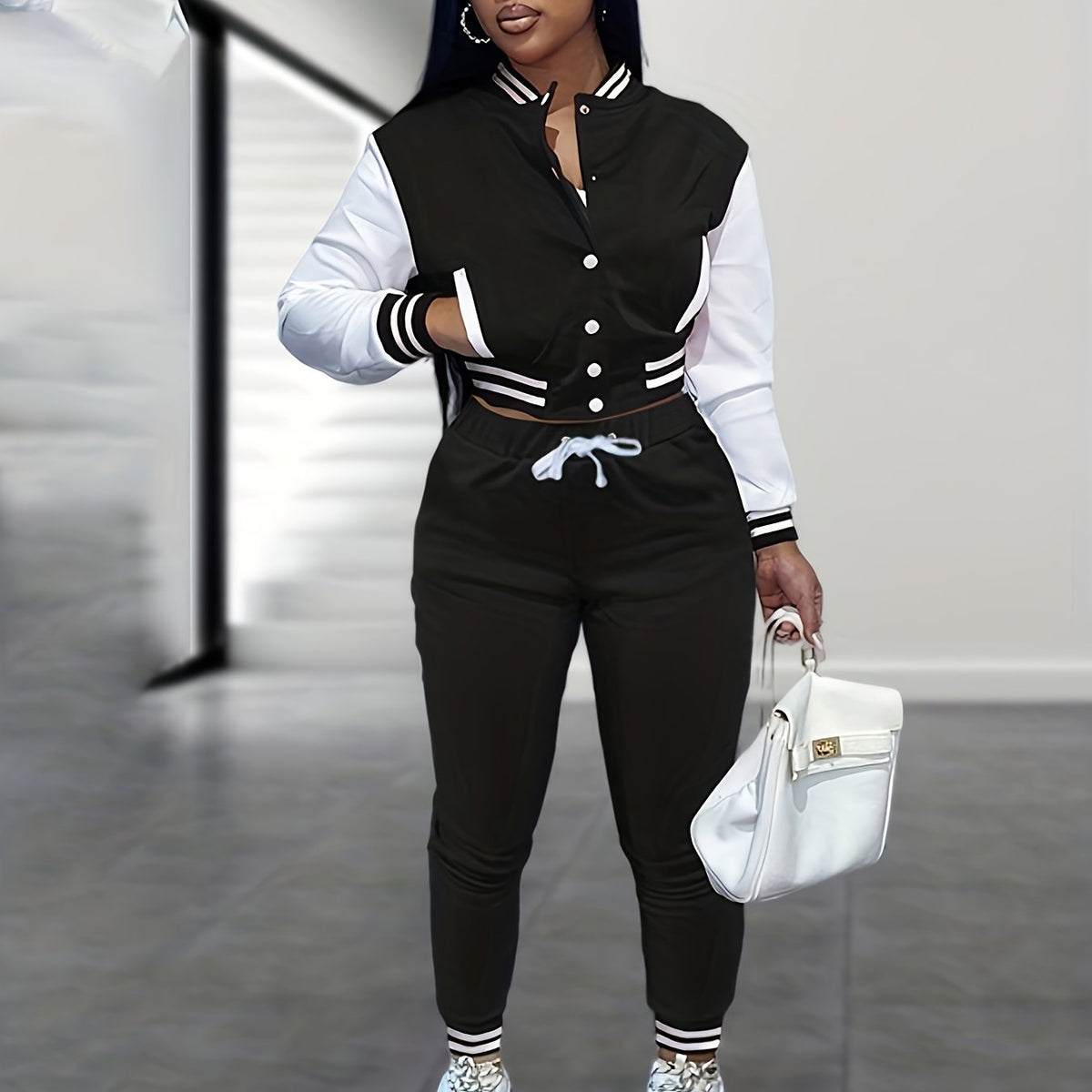 European And Trendy Women'S Patchwork Jacket with Single-Breasted Baseball Suit, a Two-Piece Outfit