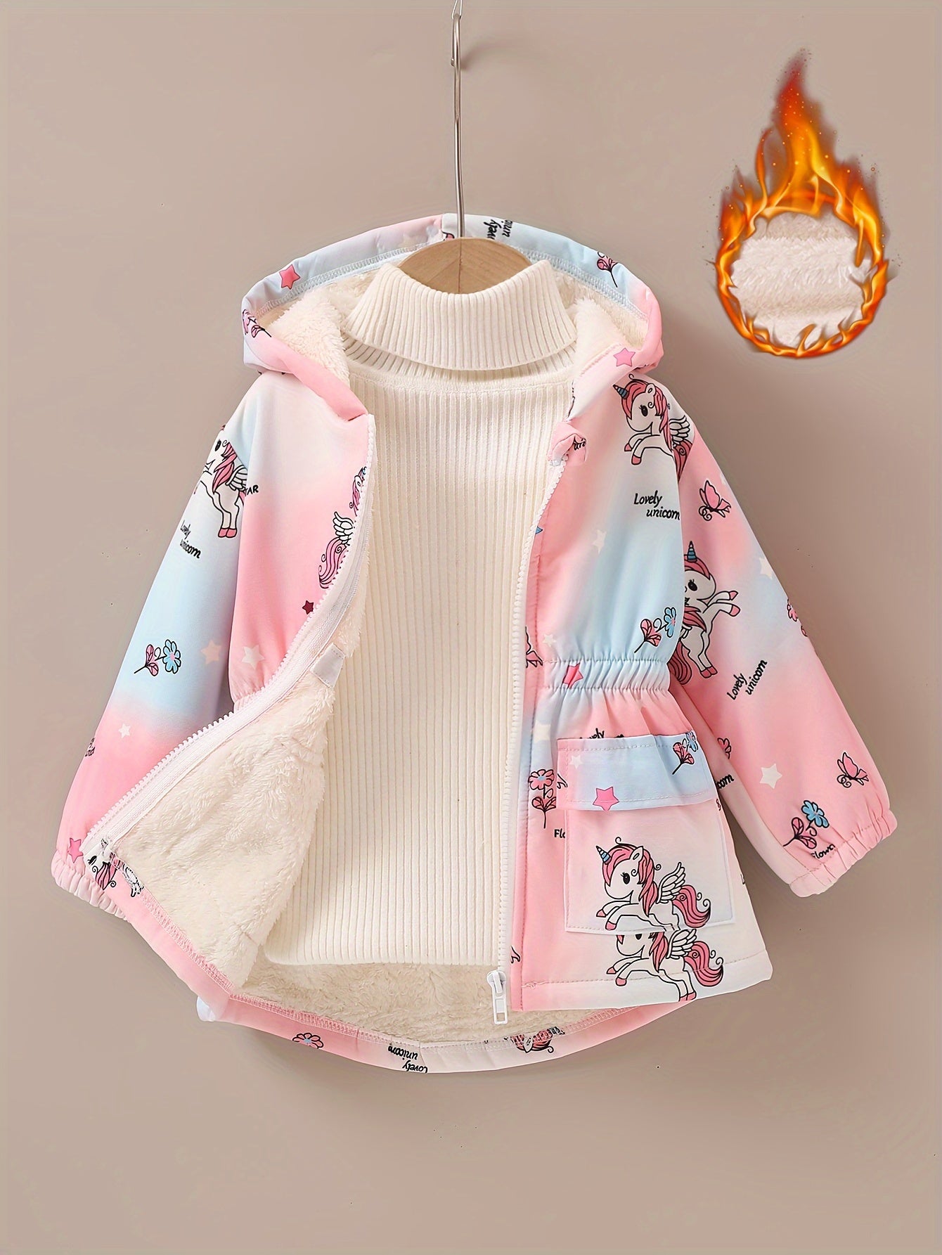 [Girls' Winter Jacket] Girls' Winter Fleece-Lined Hooded Jacket with Unicorn & Butterfly Print - Pink to Blue Ombre Design, Warm & Cozy Outerwear for Toddlers, Machine Washable Polyester, Girls Jacket