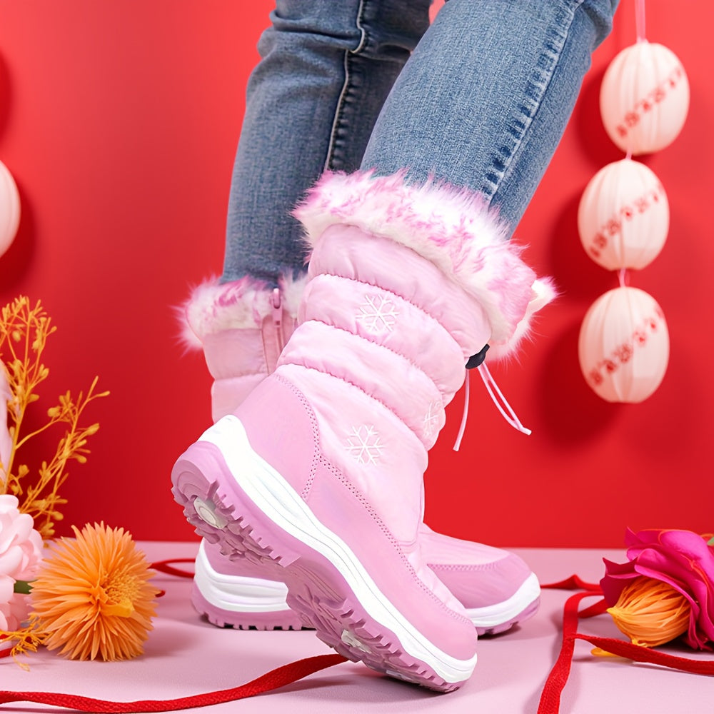 Girls' Winter Snow Boots with Plush Lining - Cute Pink & Snow Boots with Zipper Closure, Warm Mid-Top Round Toe Snow Boots for Girls, All-Season Outdoor Play, Hiking & Casual Wear, Winter Boots, Hiking Footwear, Stylish Footw