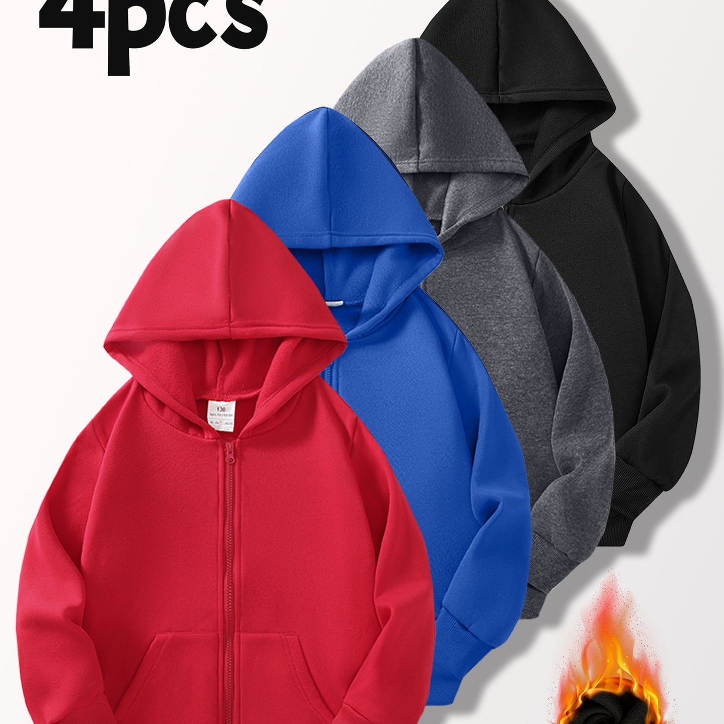 [4pcs Boys' Cardigan Jackets] 4pcs Boys' Light-Lined Zip-Up Hooded Cardigan Jackets | Multi-Color & Solid Color | Autumn & Spring, Stylish & Versatile for Outdoor Jogging