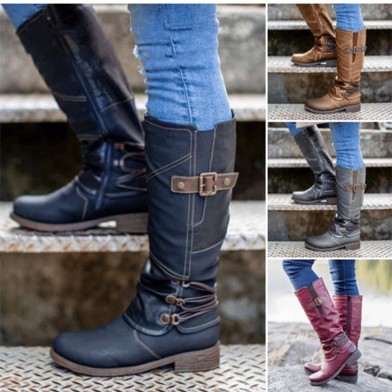 Women's Cover Round Toe Low Block Heel Boots with Buckle & Lace-Up Closure, Thick Winter Warm Cowhide for Casual Outfits, Casual Attire & Cold Weather ( Sole) - Cozy Ankle Booties for Dresses/Skirts/Trousers