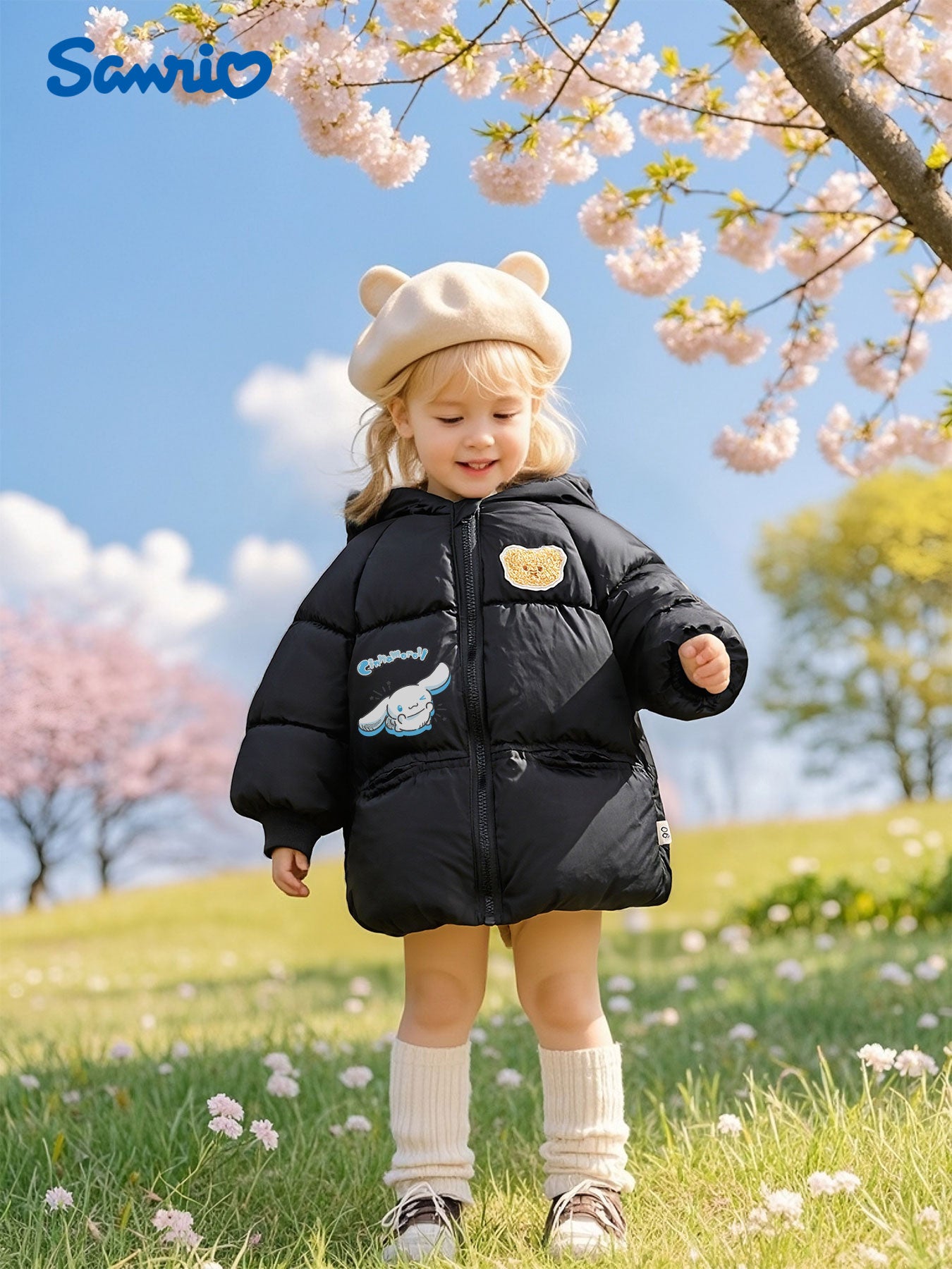 Sanrio Official Licensed Cinnamoroll 3D Bear Ears Hooded Jacket - Thick Winter Coat with Heart & Cinnamoroll Print, Unisex & Casual Outerwear, Warm Jacket for Outdoor Play & Daily Wear, Cute Character Design (Officially Licen