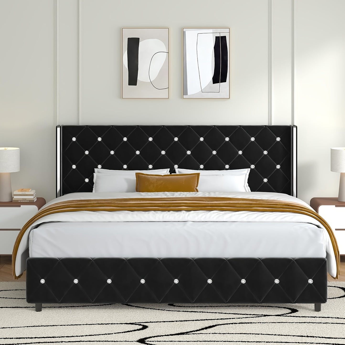 Twin Full Queen King Size Bed Frame, Upholstered Bed Frame with Diamond Tufted Headboard, Modern Silvery Side Wing Back, No Box Spring Needed, Easy Assembly, Purple, Black, Blue, Green, Pink, White