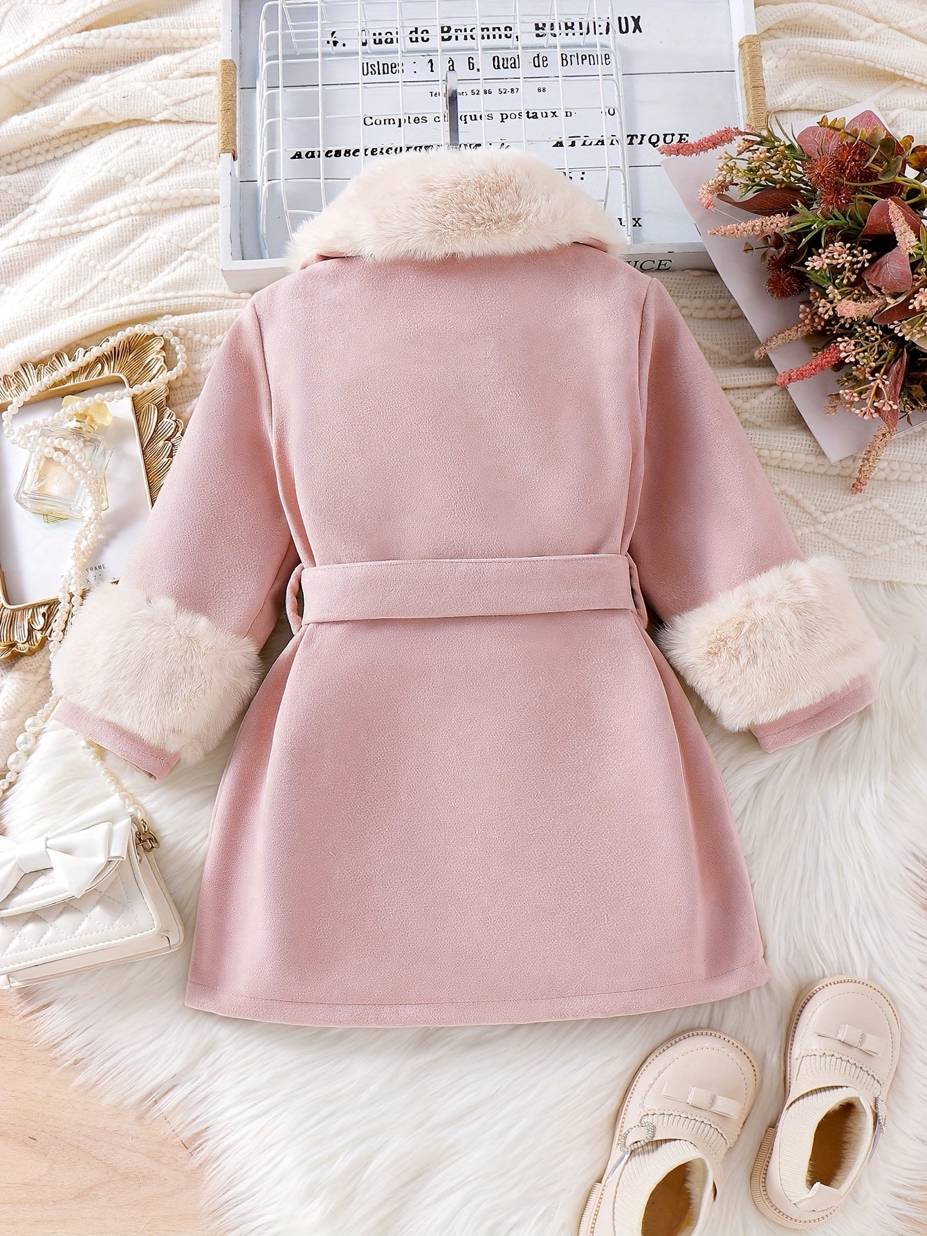 ' Princess-Style Beige Faux Fur-Lined Coat with Bow Detail - Slim Fit Long Sleeve Winter Jacket, Polyester Lining, Perfect for Fall/Winter Casual Wear, Winter Coat for , Autumn Outerwear, Elegant Bow Design, Soft Texture