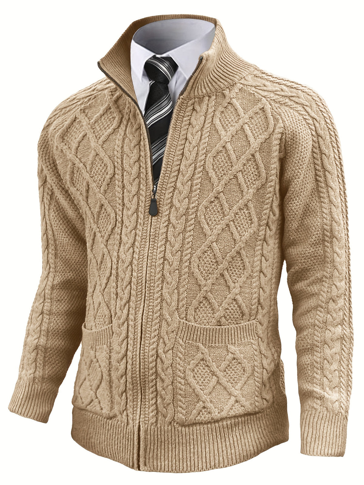 Men'S Cardigan, Solid Color Cable Knit Full Zip Sweater, Perfect for Daily Casual Wear, Warm for Autumn And Winter, a Great Gift for Friends