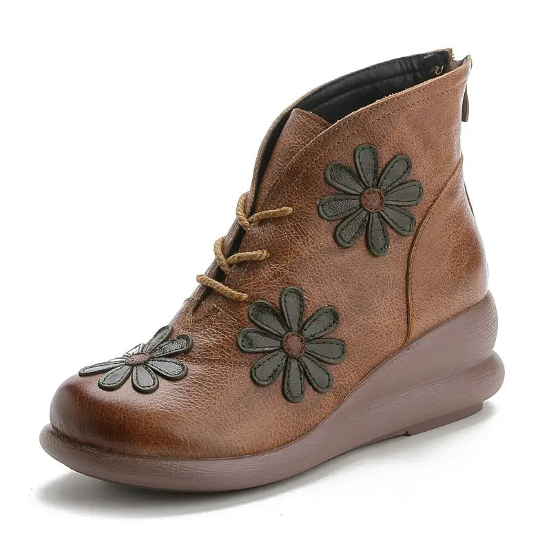 Women'S Genuine Leather Platform Ankle Boots with Floral Embellishment - Chunky Heel, Round Toe & Zipper Closure, Warm & Cushioned Insole, Casual to Semi-Formal Cowhide Boots for Everyday Comfort (Brown/Red) - Hand Washable R