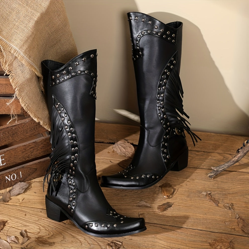 EQAUDES Women'S Retro Western Cowboy Boots - Pointed Toe Chunky Mid-Heel with Zipper & Metal Rivet Accents, Black PU Cover & Rubber Sole for Daily Wear, Work, Dress, Cowgirl Boots, Work Footwear, Decorative Rivets