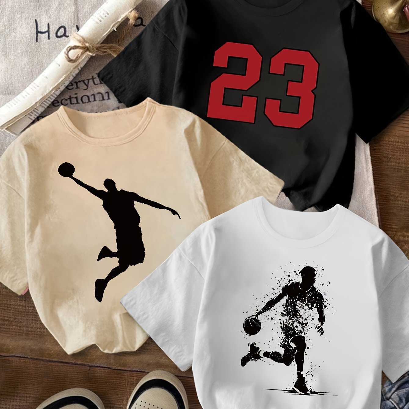 Three-Piece Set for Boys • T-Shirt with 23 Numbers And Cartoon Pattern Print • Handsome, Trendy, Versatile, Casual • Three-Piece Set T-Shirt