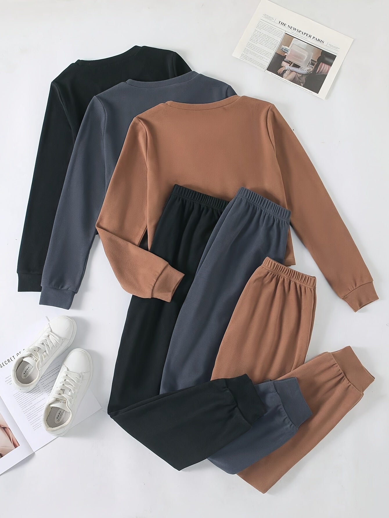 6pcs Set • Solid-color Women's Long-sleeve and Long-pants • Made of Velvet Fabric