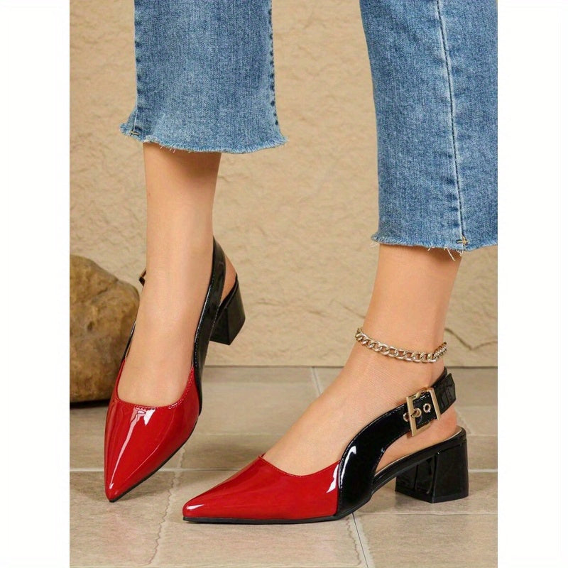 Women'S Red Glossy PU Cover High-Heeled Shoes with Anti-Slip Soft Sole & Breathable Design - Pointed Toe, Comfortable Cushioned Insole, Versatile All-Season Dress Shoes for Work, Parties, Casual Attire - Durable Rubber Outsol