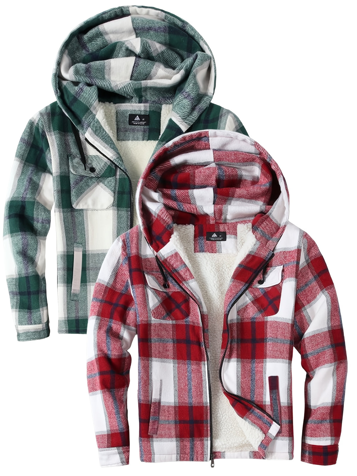 2pcs Men's Heavy Duty Sweater Hooded Jacket - Fully Zipped Thick Snow Mountain Lined Flannel Plaid Shirt with Pockets, Casual Style, Perfect for Fall And Winter, Hooded Collar, Regular Fit, Plaid Pattern, Men's Jacket, Cold W