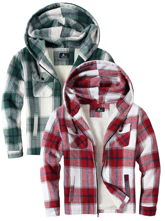 2pcs Men's Heavy Duty Sweater Hooded Jacket - Fully Zipped Thick Snow Mountain Lined Flannel Plaid Shirt with Pockets, Casual Style, Perfect for Fall And Winter, Hooded Collar, Regular Fit, Plaid Pattern, Men's Jacket, Cold W