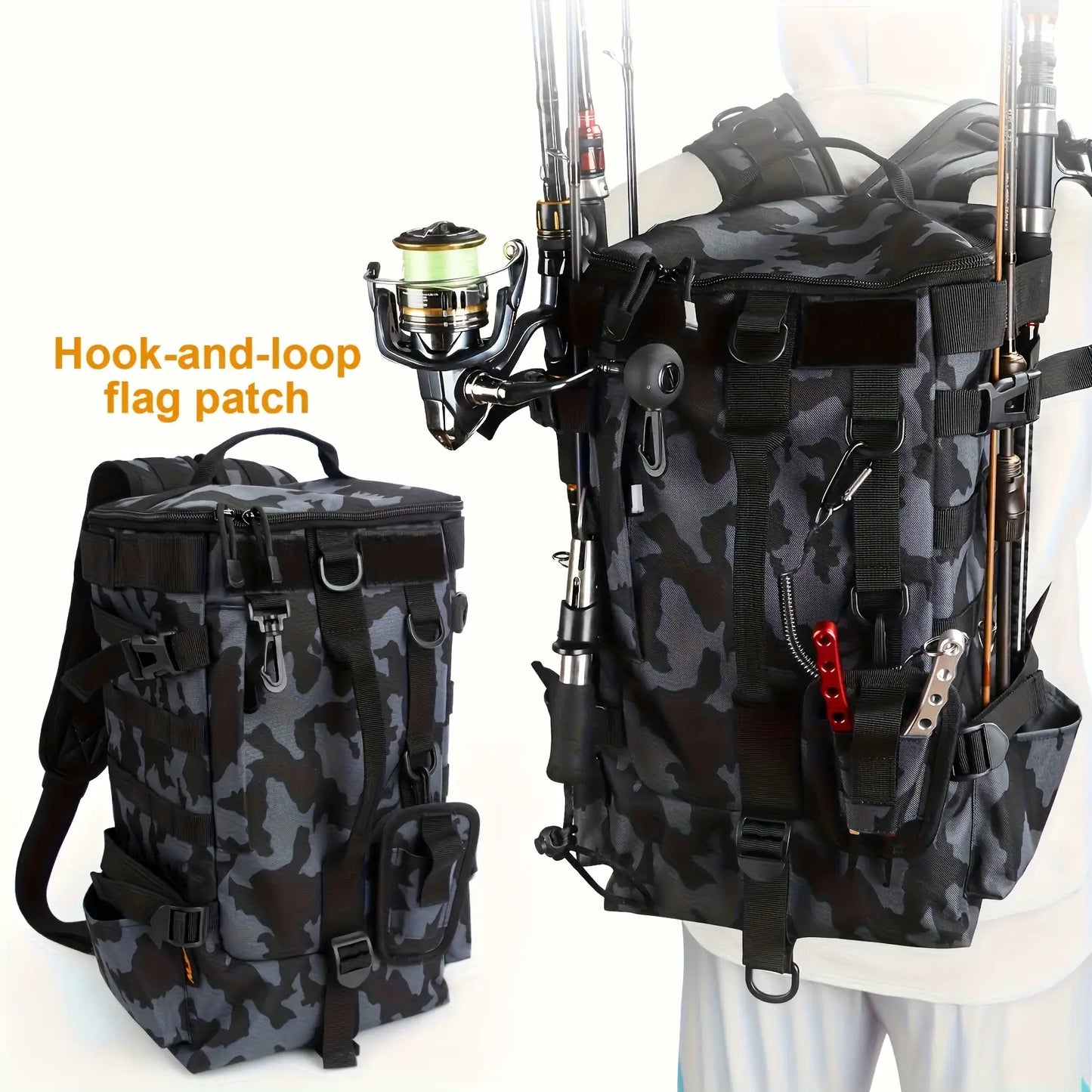 Heavy-Duty Nylon/Polyester Fishing Backpack with Rod Holder & Multiple Zippered Compartments - Large Capacity Tackle Organizer, Padded Back Panel & Side Pockets for Freshwater/Saltwater Fishing, Camping, Hunting Gear - Durabl