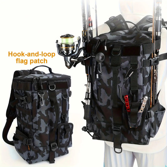Heavy-Duty Nylon/Polyester Fishing Backpack with Rod Holder & Multiple Zippered Compartments - Large Capacity Tackle Organizer, Padded Back Panel & Side Pockets for Freshwater/Saltwater Fishing, Camping, Hunting Gear - Durabl