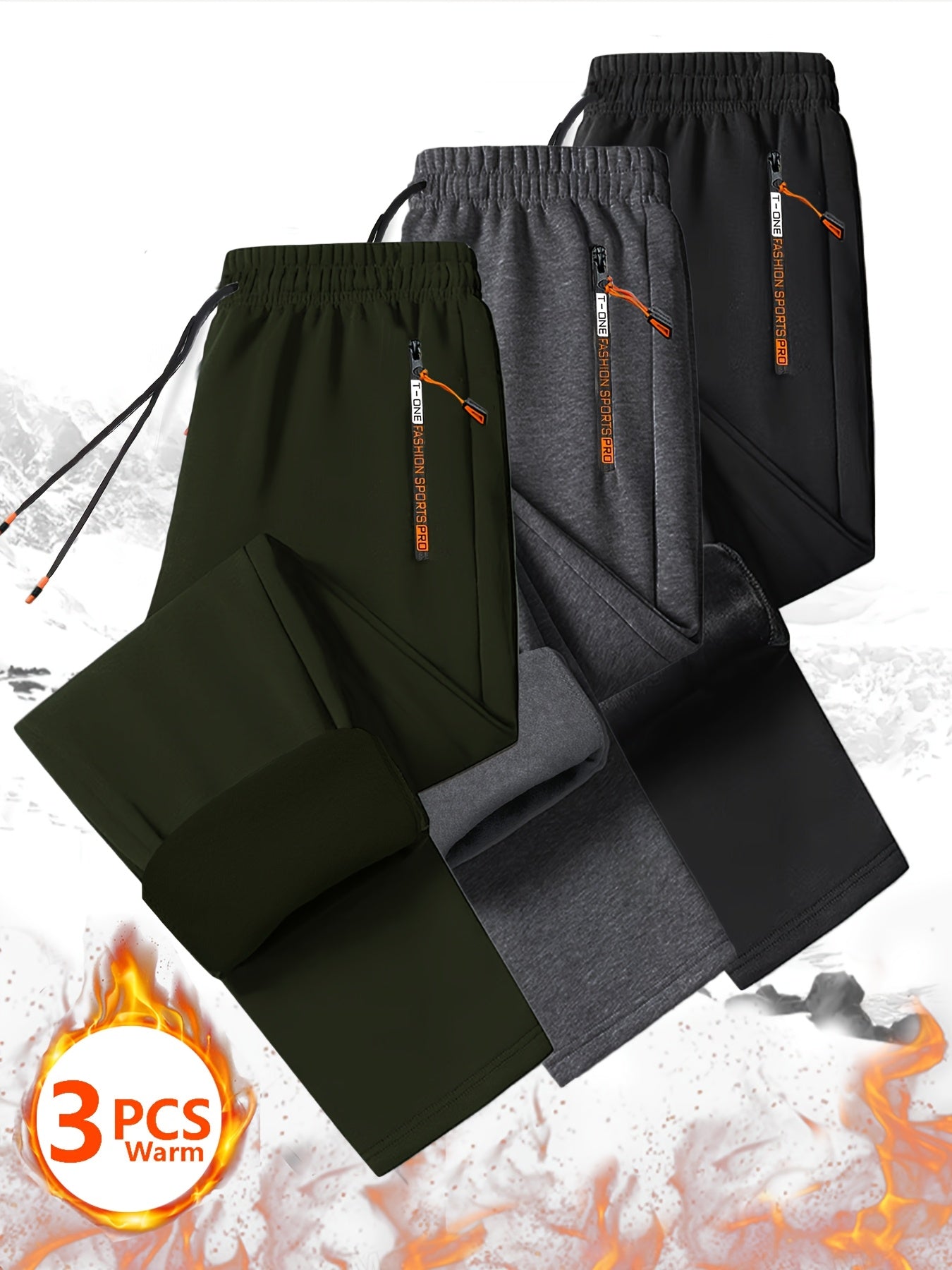 [Men's Fleece Sweatpants Set] Set of 3 Men's Cozy Fleece Sweatpants with Zippered Pockets - Drawstring Waist for Casual Wear, Track Activities, Workouts & Outdoor Running