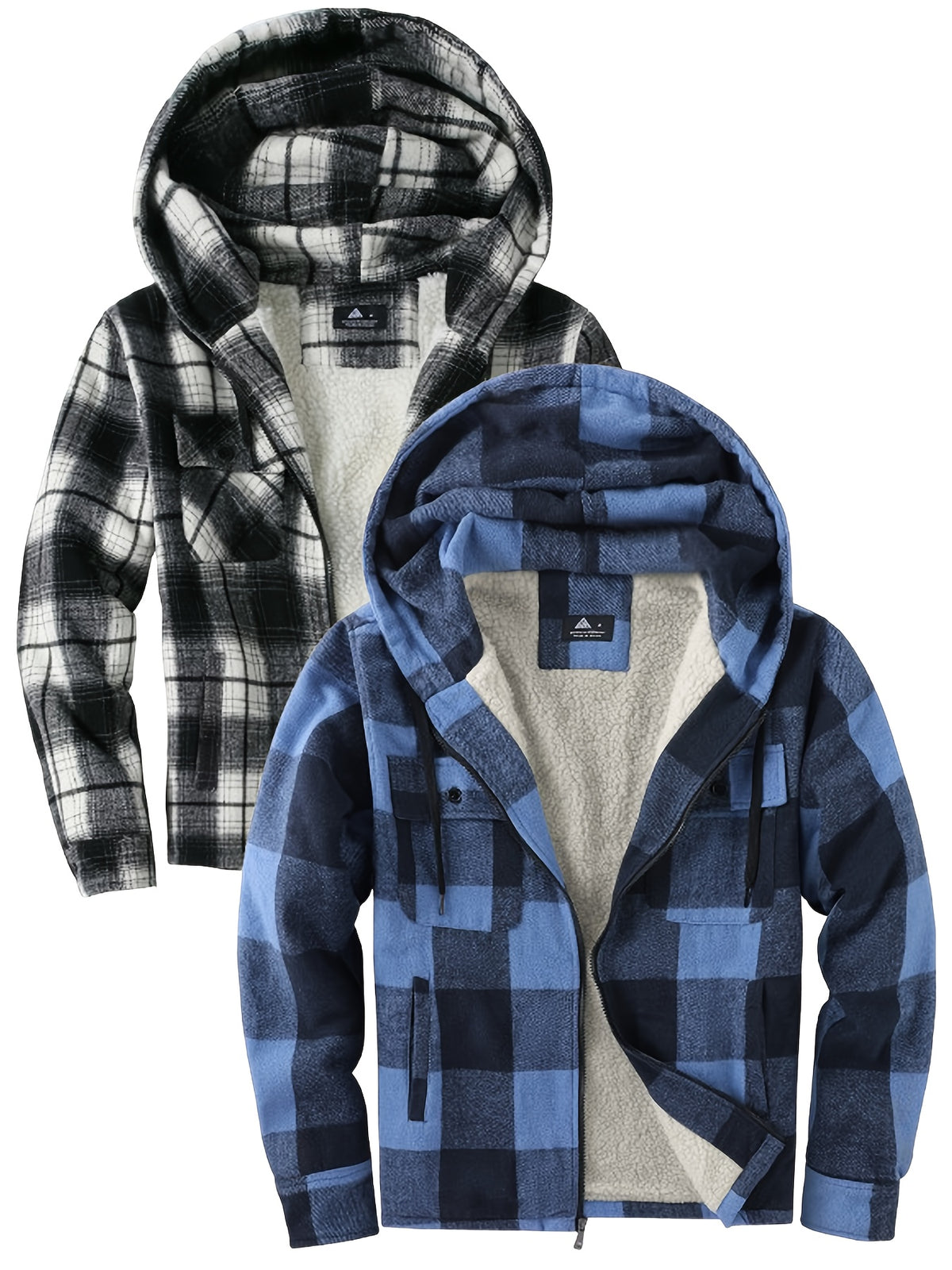2pcs Men's Heavy Duty Sweater Hooded Jacket - Fully Zipped Thick Snow Mountain Lined Flannel Plaid Shirt with Pockets, Casual Style, Perfect for Fall And Winter, Hooded Collar, Regular Fit, Plaid Pattern, Men's Jacket, Cold W