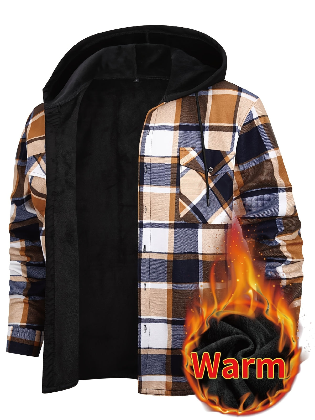 Men's Winter Plush-Themed Hooded Shirt Jacket - Thickened Button-Front Outdoor Coat with Pockets, Loose Fit Casual Blazer (Hand Washable, Fall/Winter) | European/Emerican Sizing for Cold Weather Layering