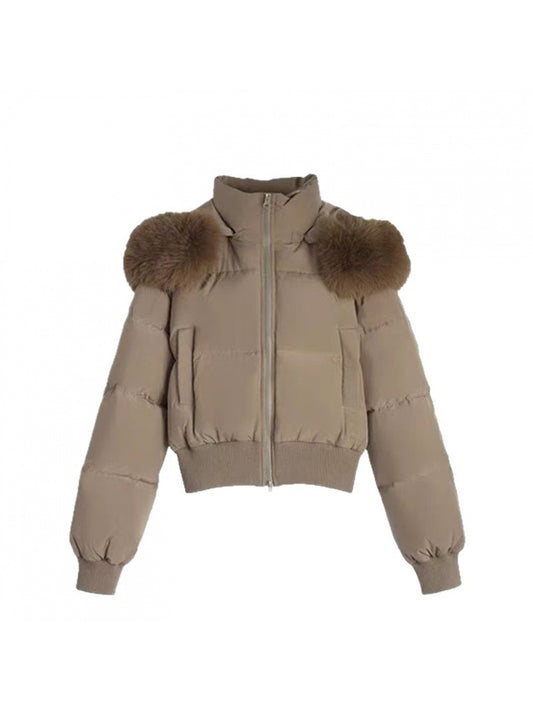Women'S Winter 2025 Elegant Slim-Fit Hooded Puffer Jacket with Fur Collar & Waist-Cinching - Thickened Short Coat, Full-Zip Front, Long Sleeve, /, Warm Outerwear for Horseback Riding & Everyday Use, Durable & Versatile Design