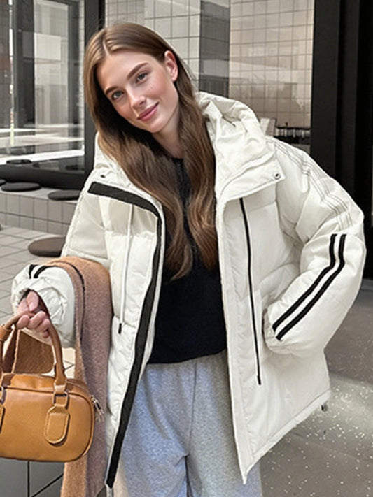 Women'S Thickened Winter Hooded Coat with Padded Insulation - Oversized Long Sleeve Winter Coat, Black & White Striped Casual Outerwear, Warm Padded Jacket with Pockets for Cold Weather, Regular Fit (No Belt) - Ideal for Ever