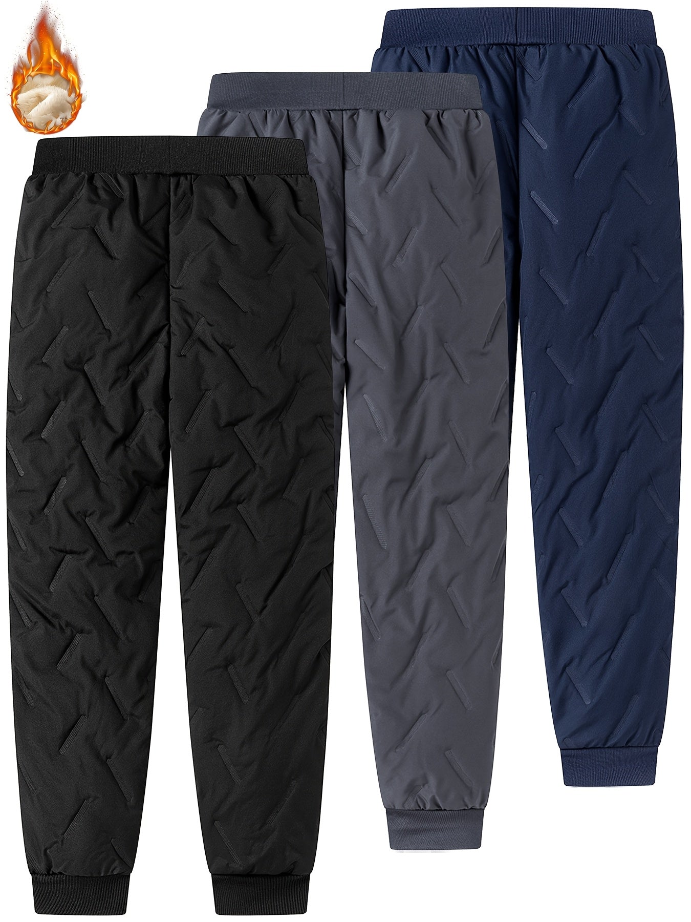 3pcs Boys' Heavy-Duty Fleece-Lined Winter Pants with Zipper Pockets & Lettering - Thick Ski Joggers for Outdoor Sports, Skiing, Snow Play, Cold Weather (Black/Navy/Beige) - Machine Washable Kids' Trousers, Perfect for Outdoor