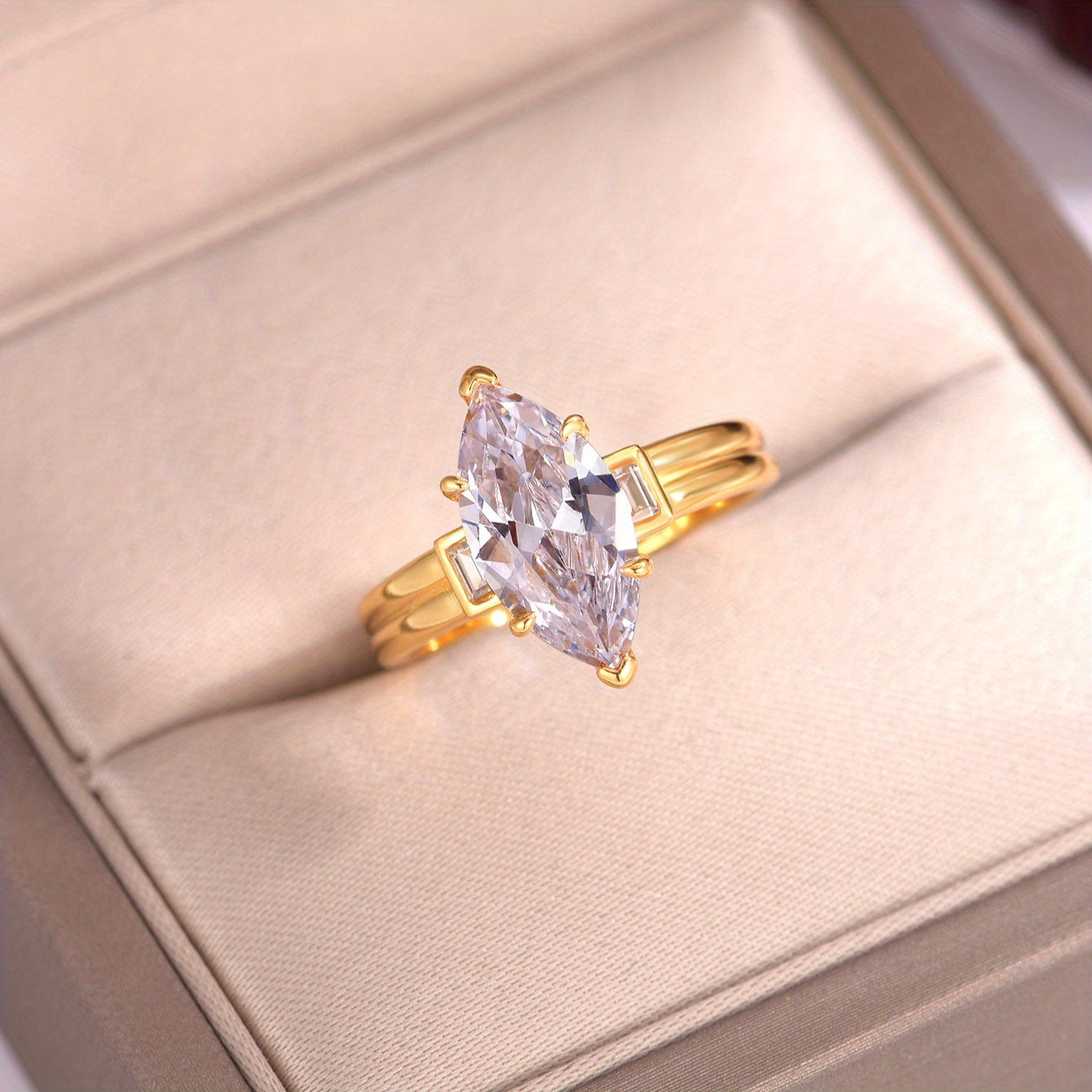 3ct Marquise Moissanite Ring 925 Sterling 925 Silver 18K Gold Plated Plated Baguette Side Stones Minimalist Geometric Jewelry Office Gift for Women