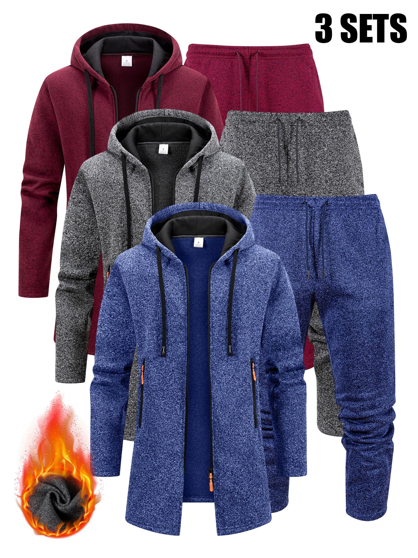 Three Interchangeable Korean-Style Casual Outfits for Men • Trendy Colors That Exude Sophistication • Comfortable And Warm Set Includes a Hooded Fleece Jacket • Drawstring Pants That Have Pockets