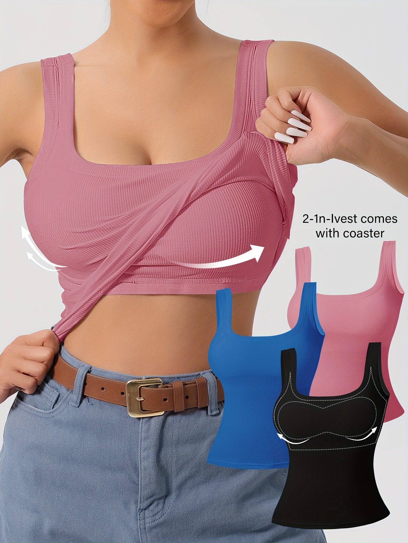 Women's 3Pcs U-Back Tank Tops With Removable Pads, Slim Fit Solid Color Versatile Inner & Outerwear Camisole Vest Set Casual Style