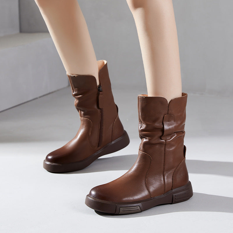 Women's Genuine First-Layer Cowhide Boots - Fleece-Lined Mid-Calf Chelsea Ankle Boots with Round Toe & Zipper Closure, Solid Color Casual Winter Boots for Cold Weather (Rubber Sole) - New Style for Autumn and winter footwear