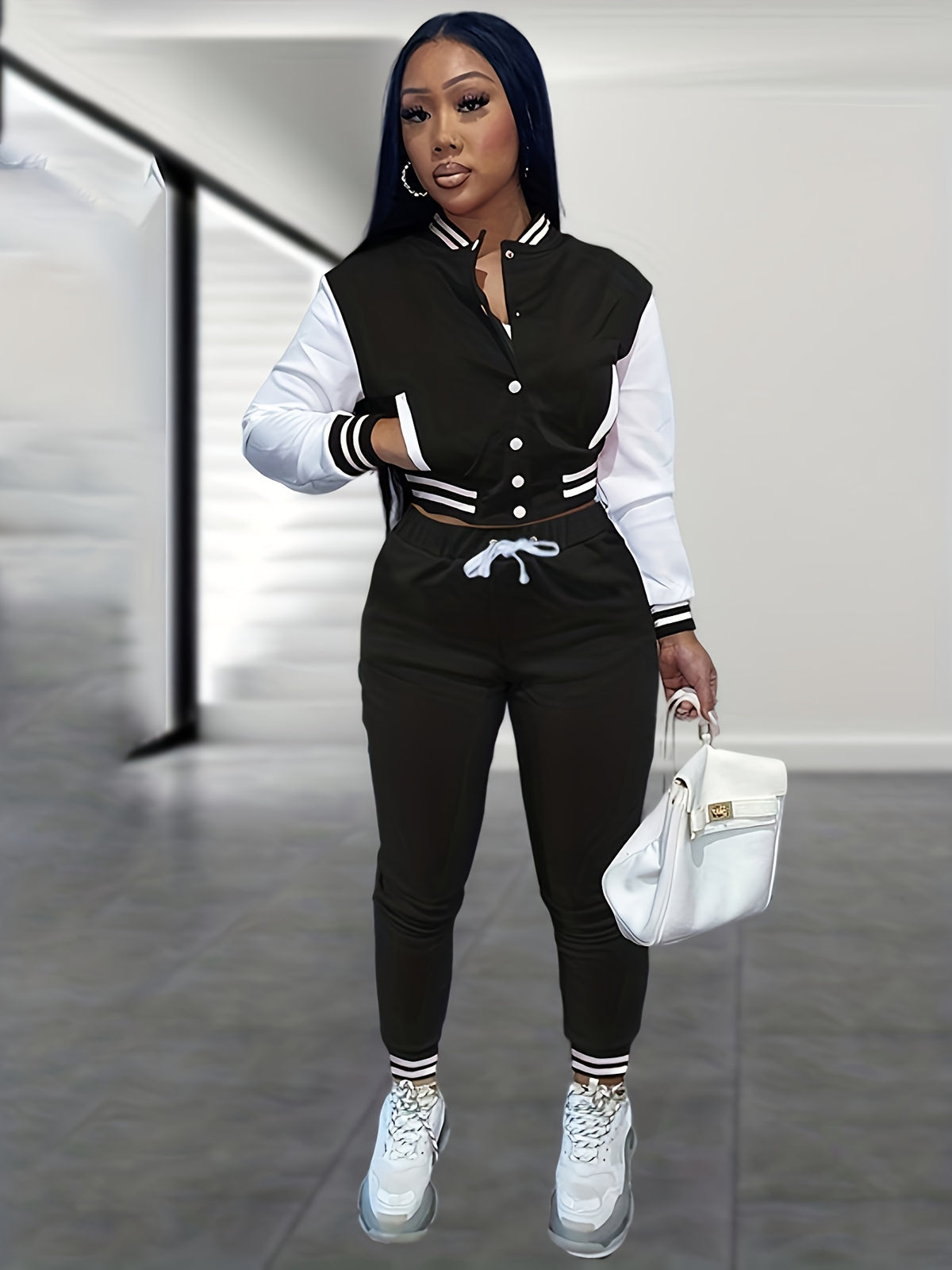 European And Trendy Women'S Patchwork Jacket with Single-Breasted Baseball Suit, a Two-Piece Outfit