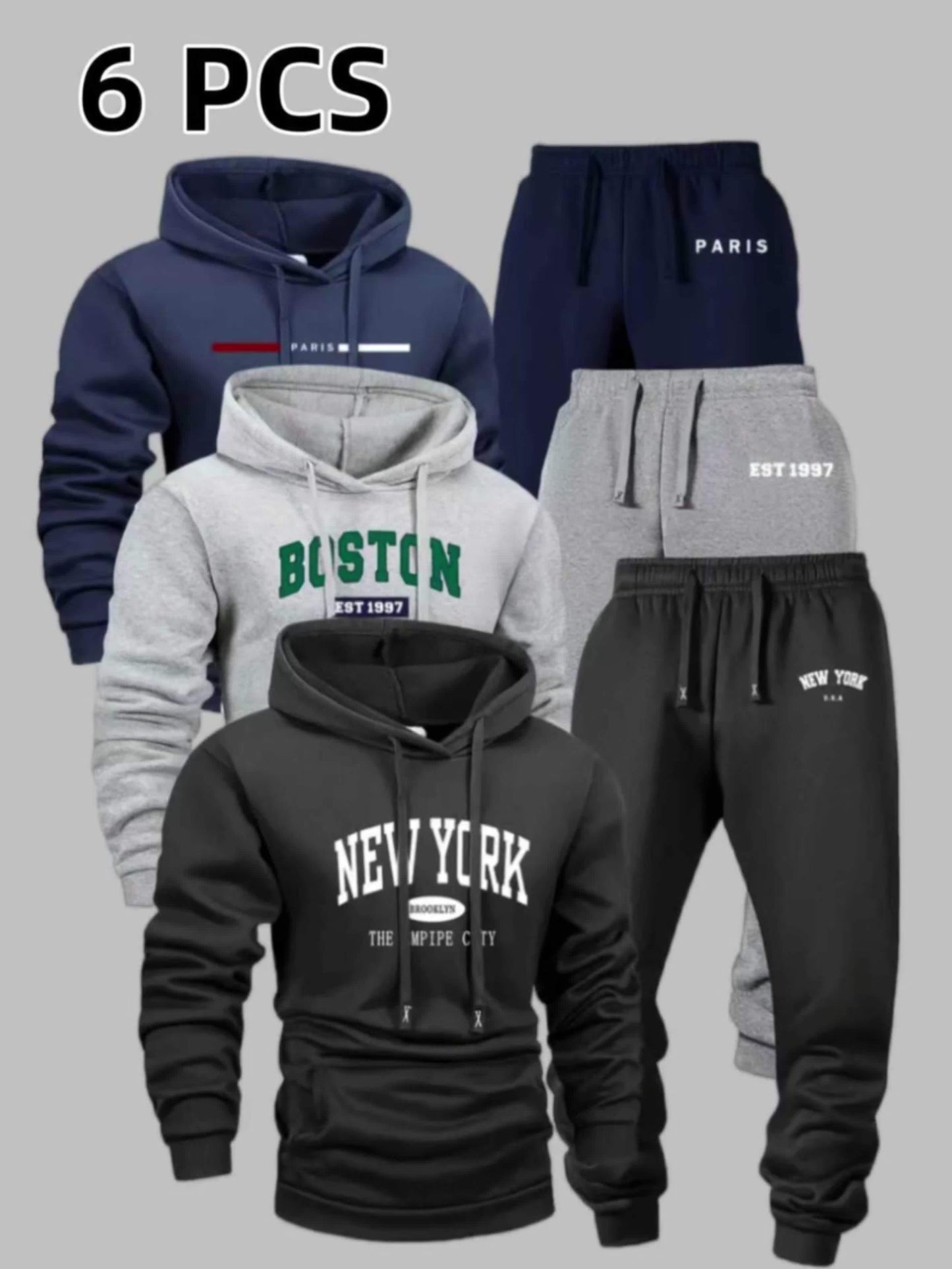 6pcs Men'S Spring/Autumn Solid Color Casual Suit, Long Sleeve Hoodie and Drawstring Pants, Outdoor Sports Leisure Set