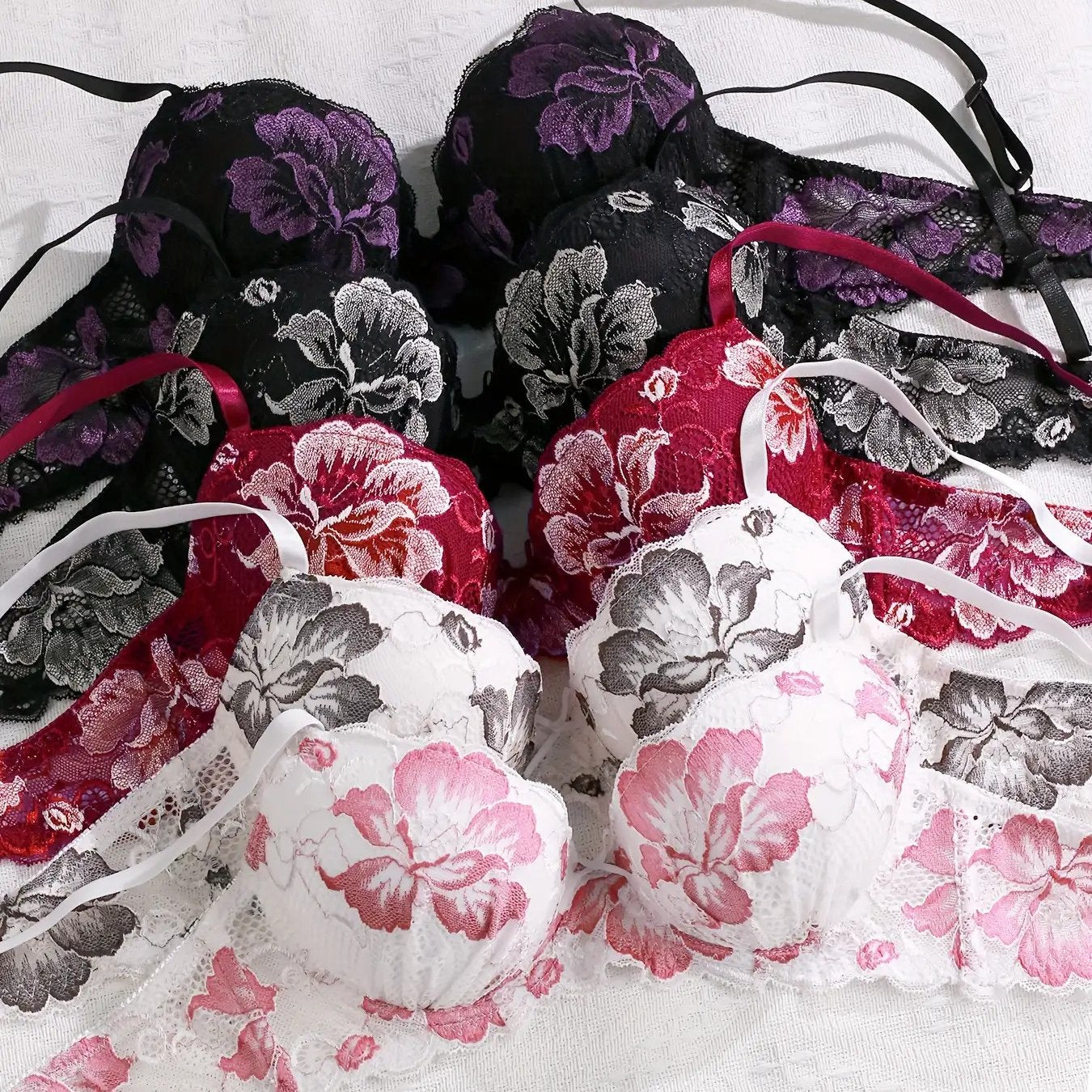 5pcs Women'S Elegant Floral Lace Trim Bras - Medium Support Underwire Push-Up Bras with Non-Removable Pads, High Support for Autumn & Winter, Daily Wear & Casual Activities, Black/Red/White/Gray/Beige, Comfortable Undergarmen