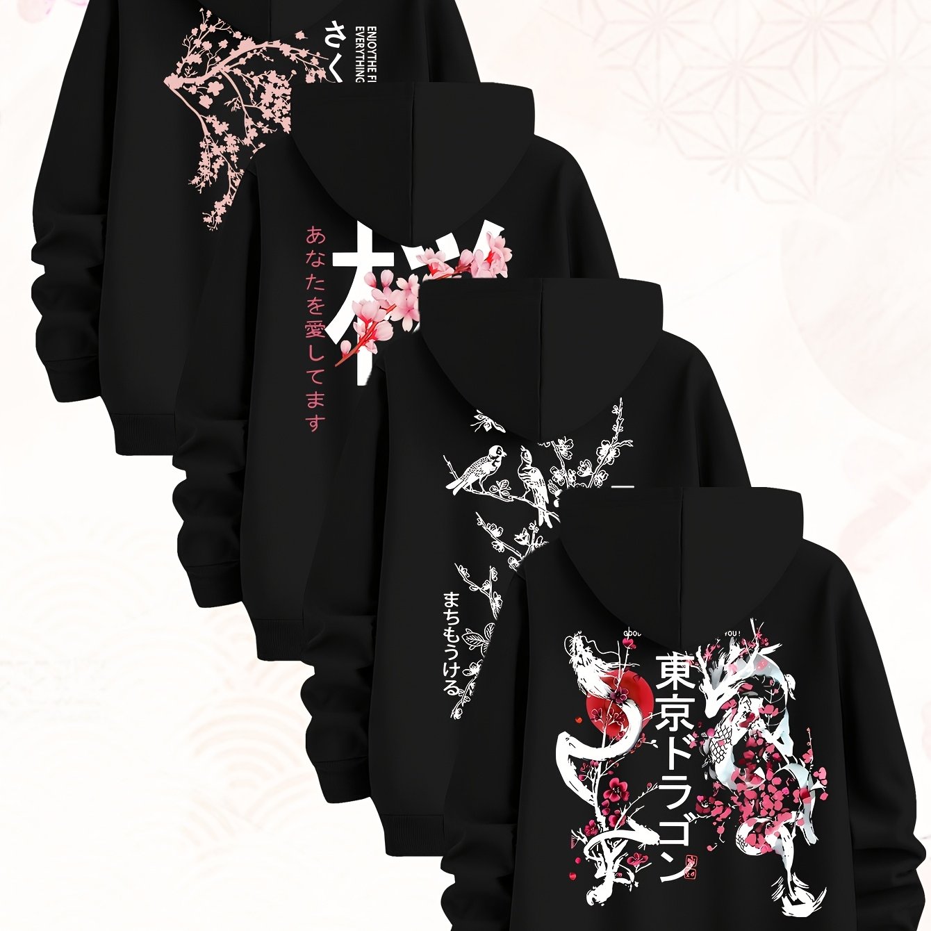 [Set of Four Hoodies] Tokyo Japanese-Style Cherry Blossom Pattern Sweatshirt, Set of Four Men's Hoodies, Made of Polyester Knit Fabric, Casual Style, Regular Fit Hoodies