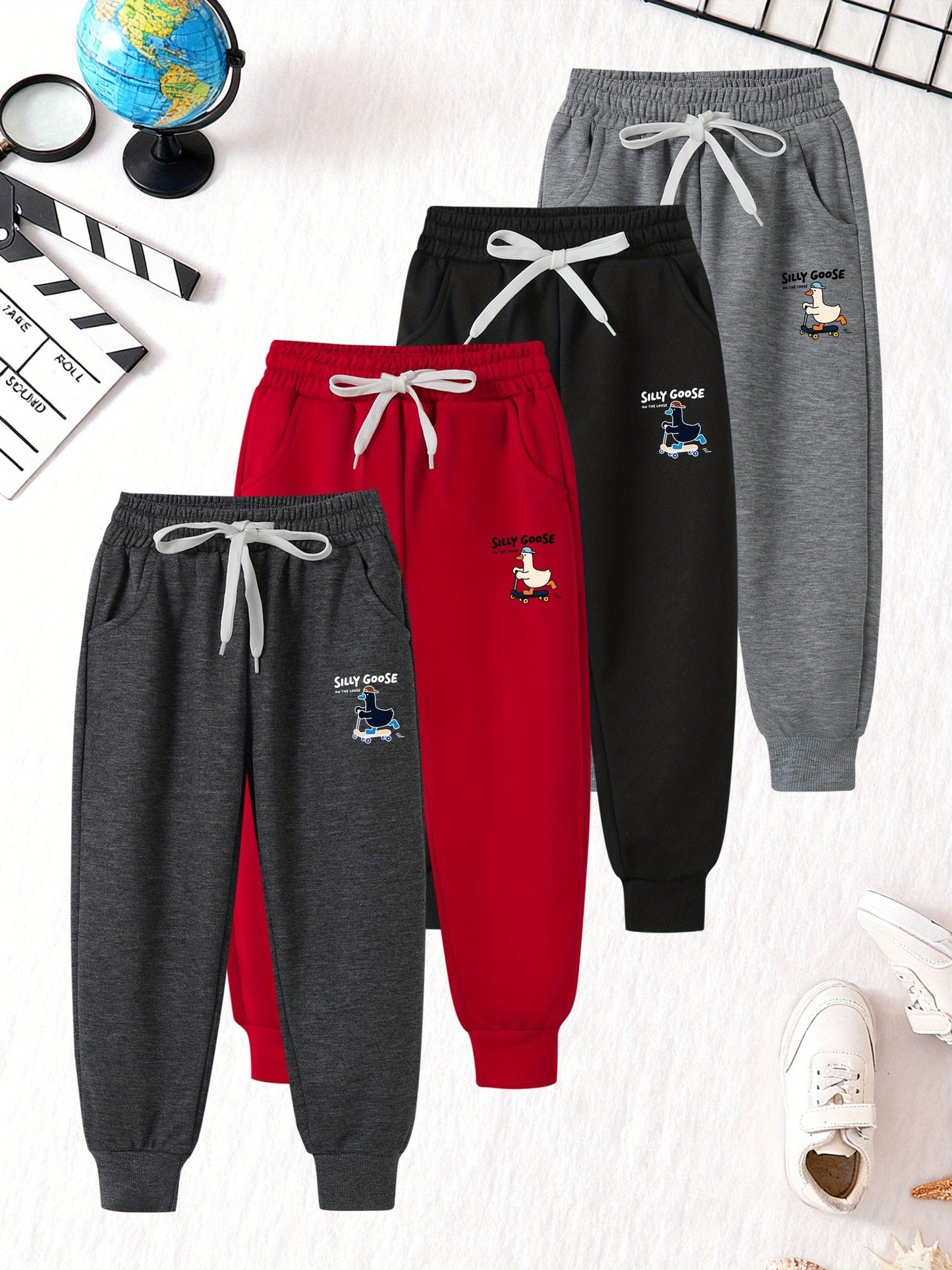 4pcs Boys' Long Pants Set with Elastic Waist & Adjustable Drawstring - Soft Breathable Fabric, Multi-Color (/Red/Grey/) with Pockets - Athletic Casual Winter Pants for Active Play & Casual Attire - Easy On/Off 'rousers for Sc