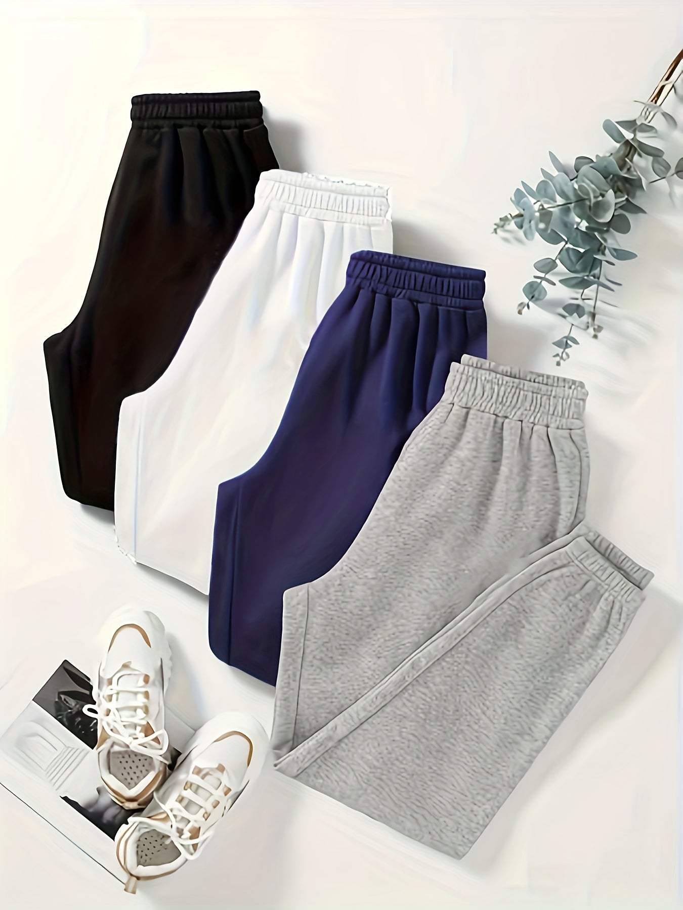 [4 Pack Sweatpants] Solid Color Simple Sweatpants 4 Pack, Versatile Elastic Waist Jogger Pants For Spring & Fall, Women's Clothing