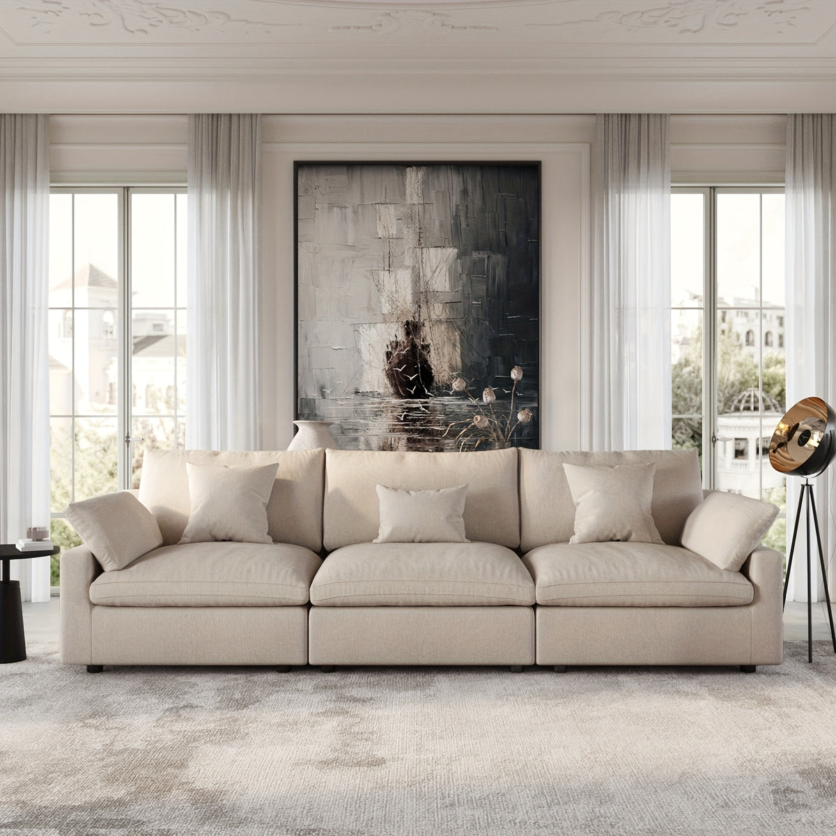 Modular Sectional Sofa Cloud Couch, 119.29" Khaki Modular Couch, Linen Blend Fabric Minimalist Deep Seat Sectional Couches For Living Room, Sofa Covers Washable&Removable