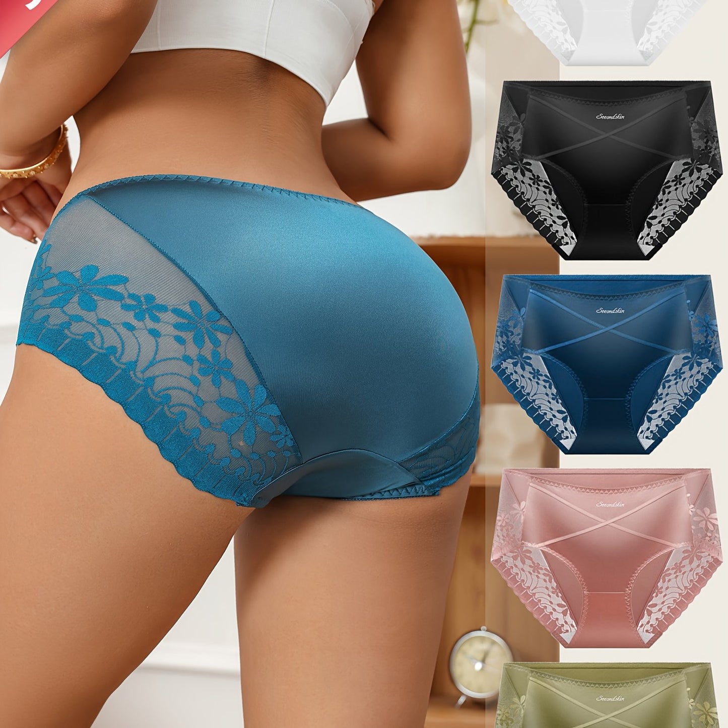 5pcs Floral Lace Panties - Luxe Satin Women's Underwear for Women, Stretchy Mid-Rise Briefs, Breathable And Sexy,  Daily Underwear Essentials, Satin Underwear, Floral Lingerie, Contrast Lace Detail, Cheeky Cut Style, Breathab