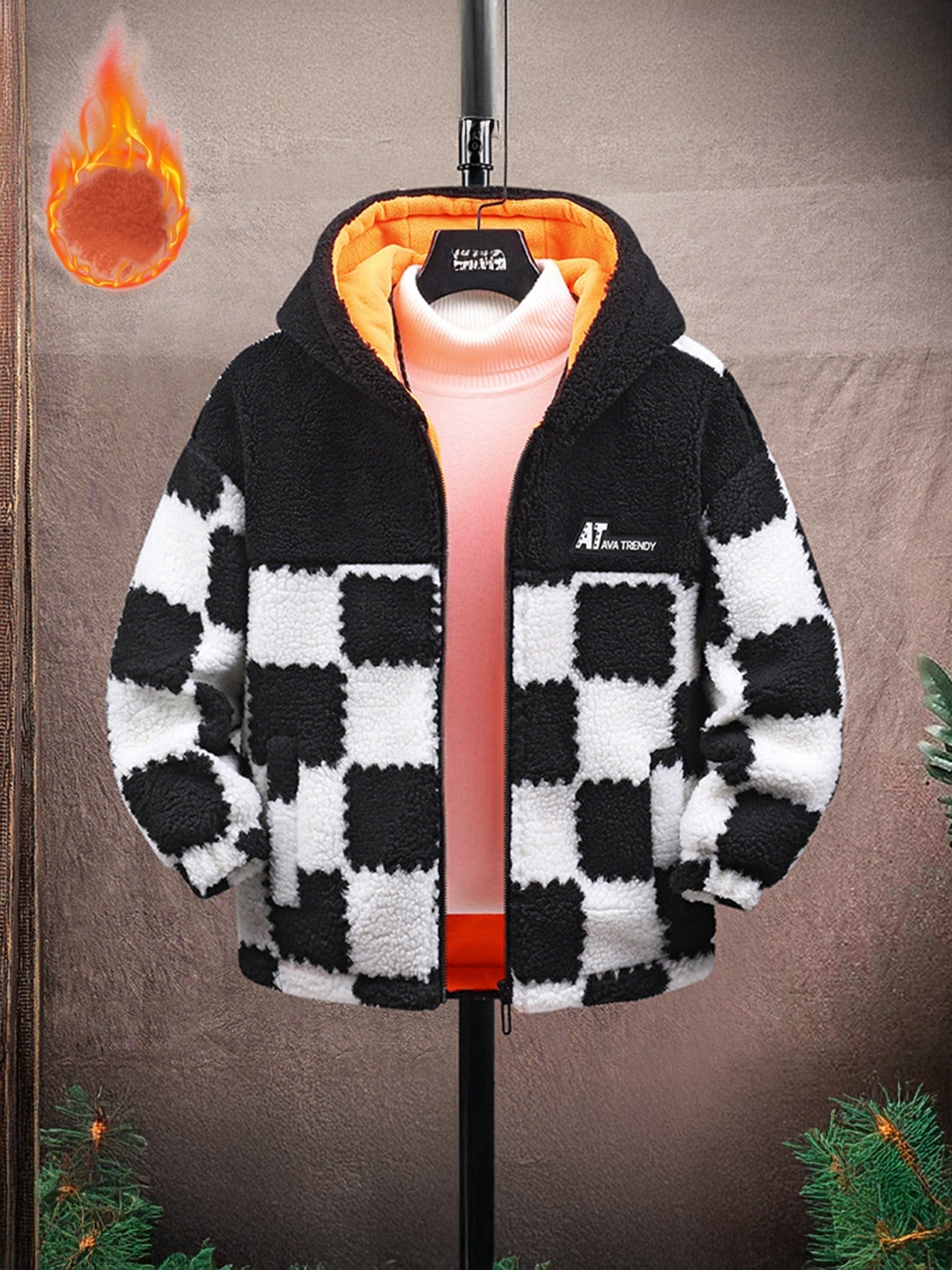 ' Fleece-Lined Thickened Lamb Fleece Coat with Plaid Pattern & Full-Zip Closure - Warm Winter Jacket, Soft Lining, Casual Collar, Green/ Checkered Design for Autumn & Winter, Stylish & Versatile Outerwear, Cold Weather Clothi