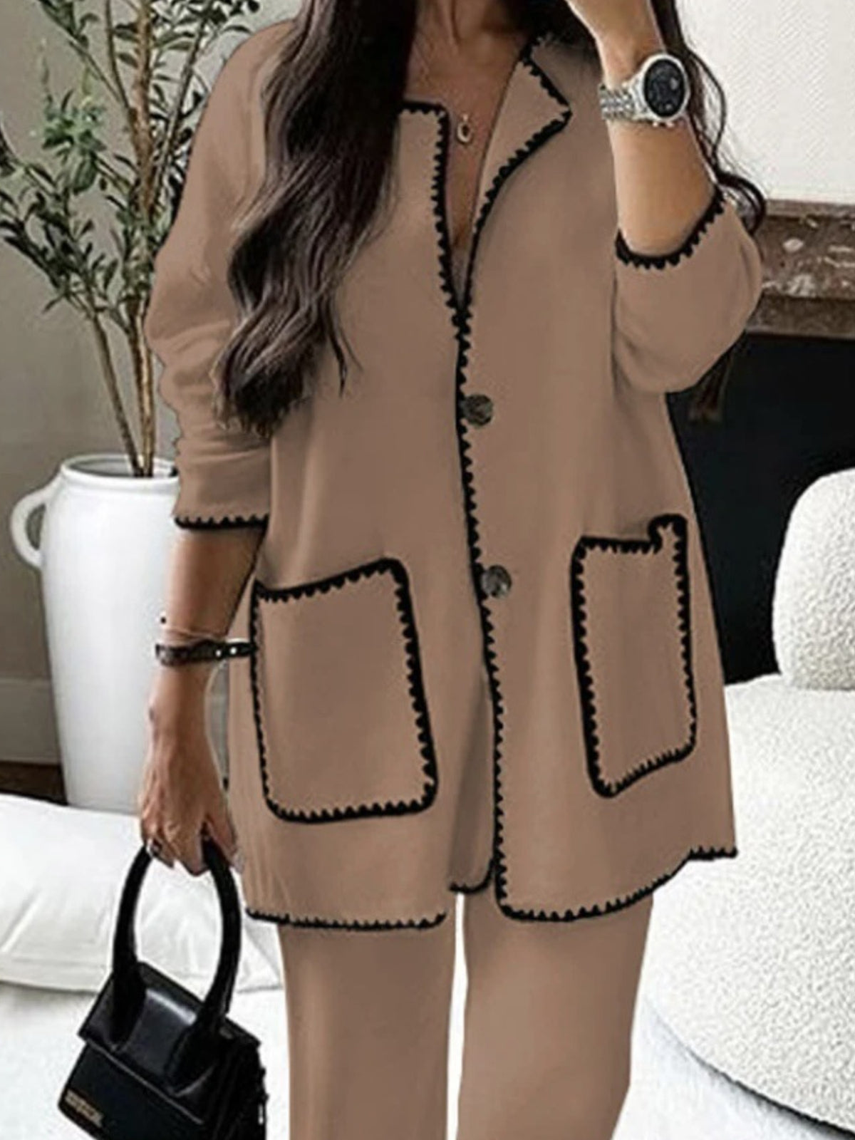 Women'S Elegant Two-Piece Set - Oversized Long Sleeve Cardigan & Wide-Leg Pants, Solid All-Season Casual to Formal Outfit, Cozy Loose-Fit Sweater with Structured Waist, Versatile Everyday & Formal Wear, Comfortable Winter Out