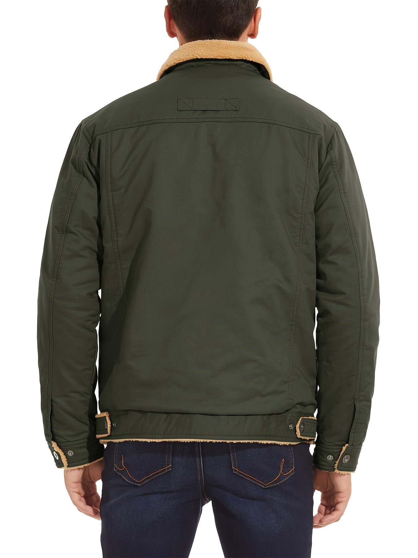 Men's Winter Jacket, Casual Grain Feel Fleece Washed Fabric Thick Soft Cozy Warm, Twill Texture Multifunctional Pocket Open Placket Metal Buckle, Trucker Style, Outdoor Running Hiking Climbing Camping Traveling Fishing Daily