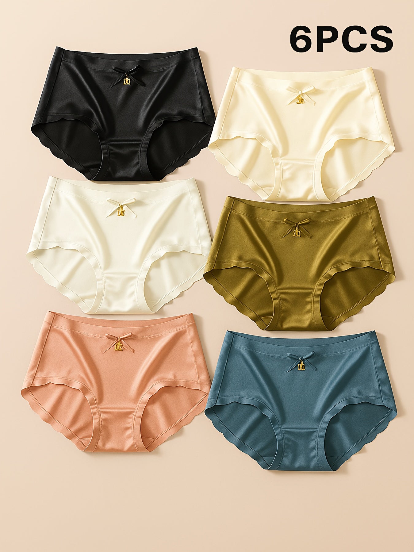 [Luxury Satin Panties] 6pcs Luxury Satin Bow Ruffle Panties - Soft And Stretchy - Stretch Low Rise Waist Panties - Fashionable Women's Lingerie Set for Casual Attire, New Autumn And Winter Style Solid Color Triangle Panties