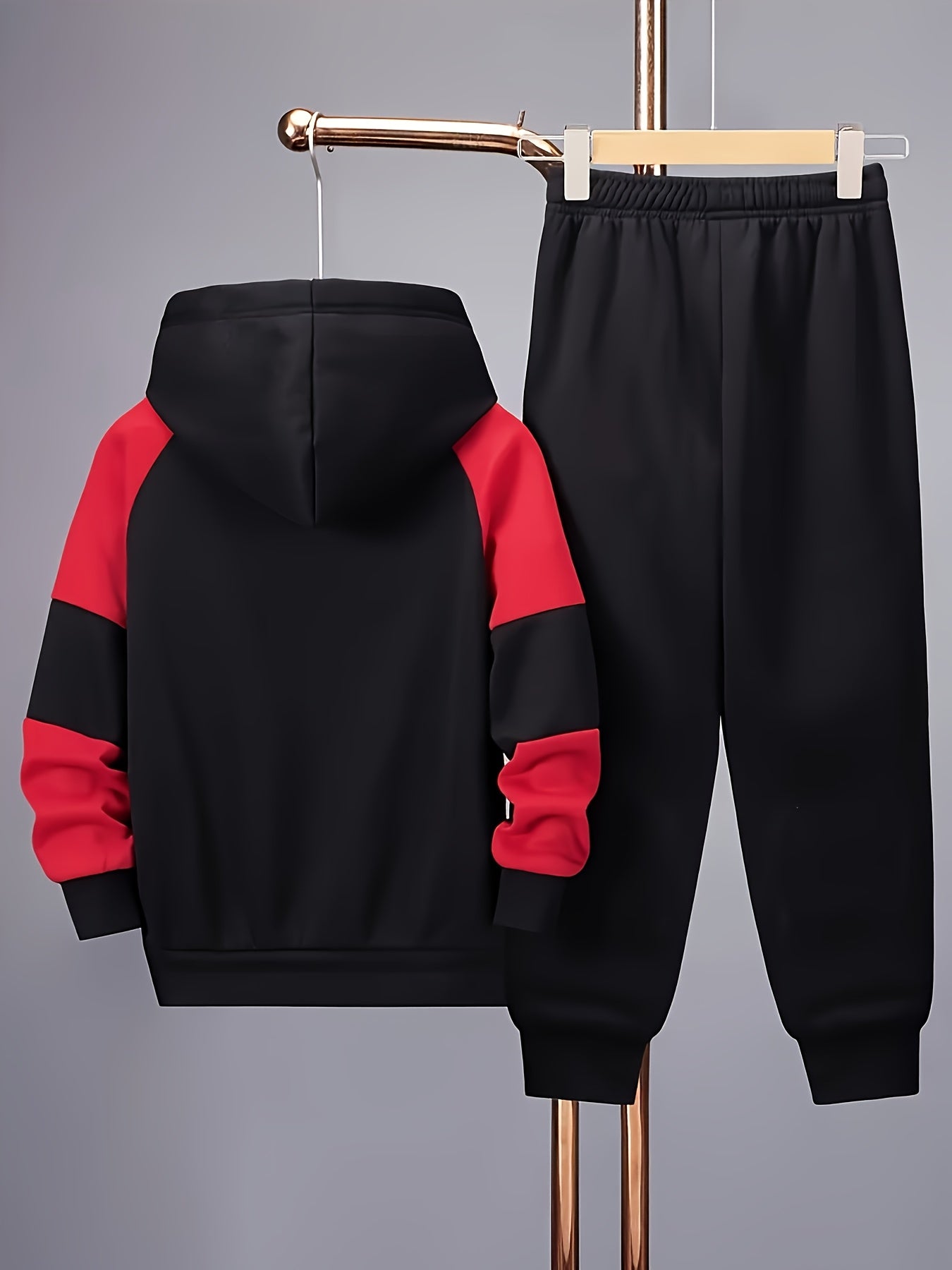 Boys' 2pcs Fleece-Lined Hoodie & Jogger Pants Set with "KING" Print - Warm Winter Sports Outfit, Casual Athletic Wear for Outdoor Play, Black & Red Design, Long Sleeve, Polyester, Perfect for Fall/Winter, Everyday Youngsters'