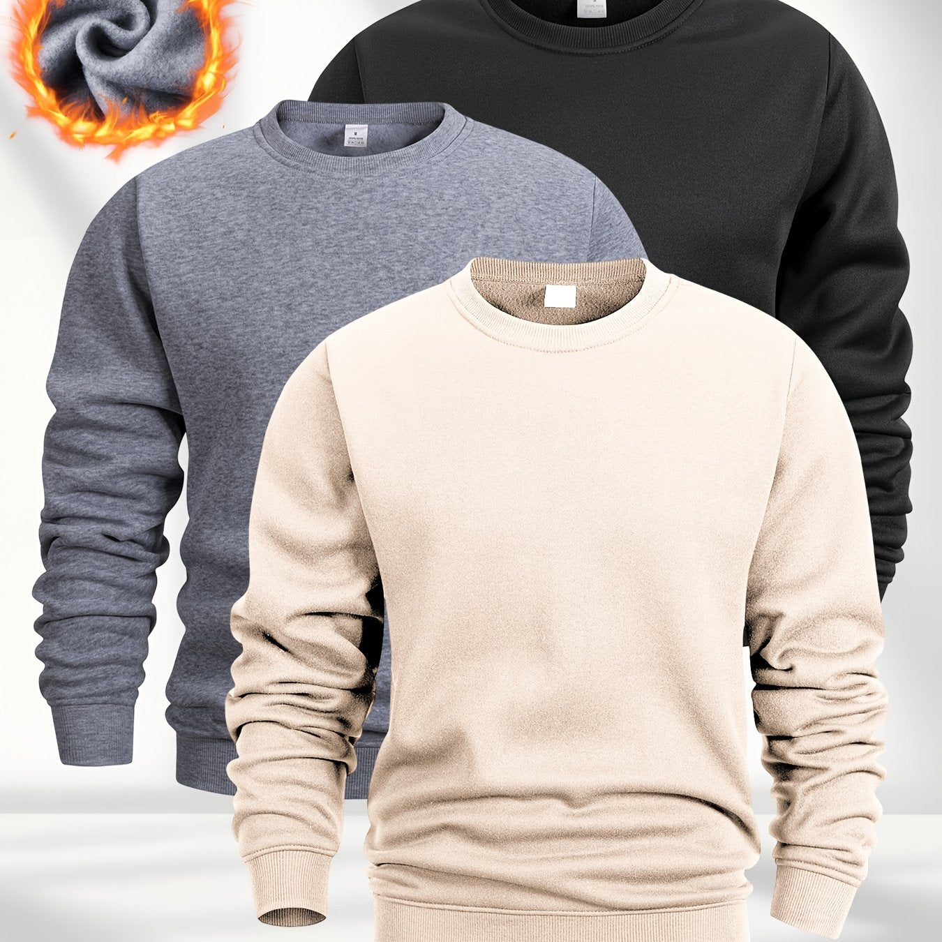 [Three Fleece Pullovers] A Set of Three Men's Solid Color Fleece Crew Neck Casual Pullovers, Featuring a Easy And Stylish Design with Slight Stretch, Suitable for Autumn And Winter. They Are Machine Washable And Can Be Worn L
