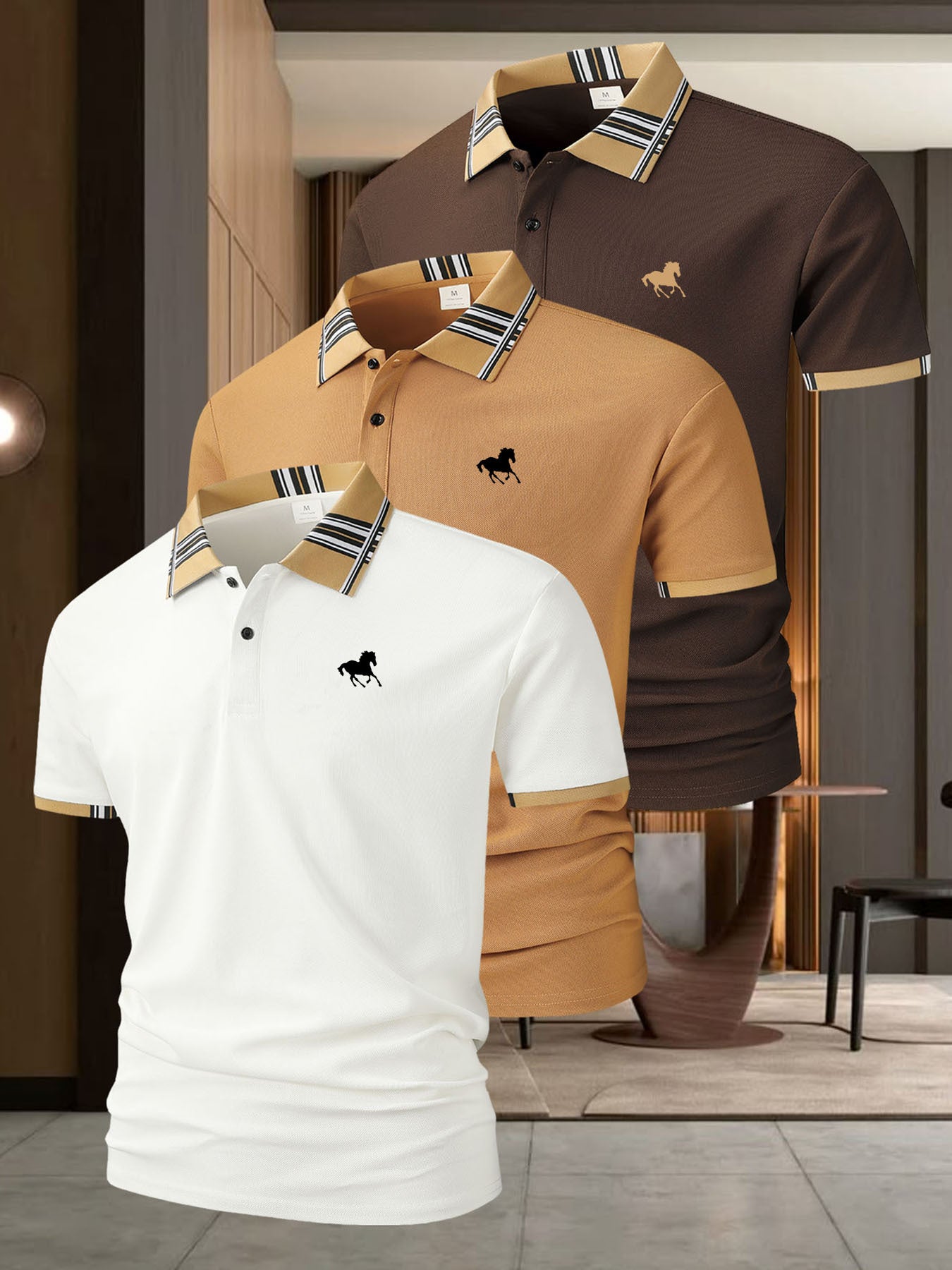 (AA046 Right Horse Racing Print Three-Piece Set) Milanese British Style Men'S Casual Short-Sleeved Shirt Popular Plaid Collar Golf Clothing Men'S Outdoor Sports Polo Shirt Lapel Polo Shirt Men'S Polo T-Shirt