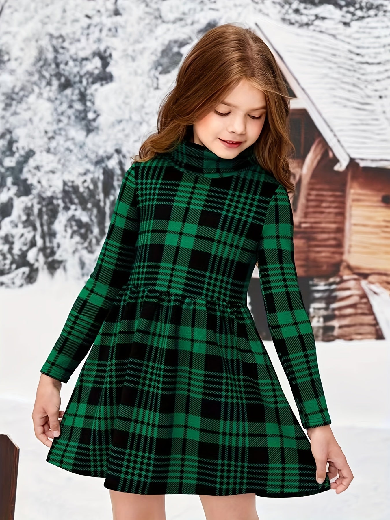Girls' High-Neck Long Sleeve Plaid Dress - Stretchy Slim Fit Winter Dress with Green & Black Checkered Pattern, Casual Fall/Winter Outfit for Youngsters & Youngsters, Youngsters Winter Wear, Youngsters Fashion, Medium Elastic