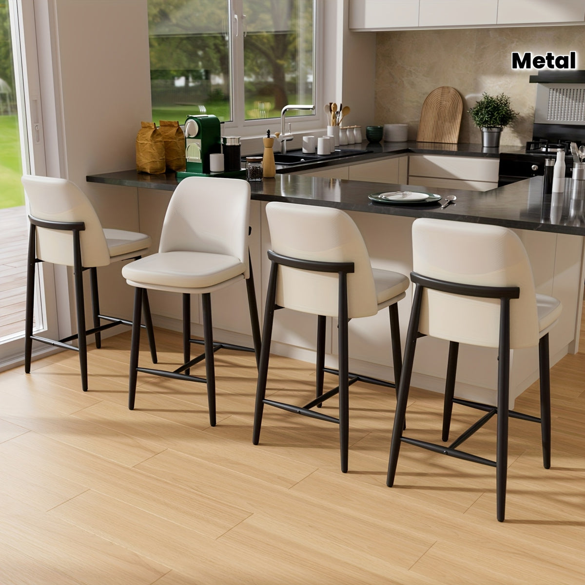 Set of 4 Modern Counter Height Bar Stools with Backrests - 26 Inch Faux Leather & Fabric Upholstered Seats, Sturdy Metal Legs & Cushioned Backs, Contemporary Square Design Kitchen Island & Dining Room Chairs, Easy-Clean Surfa