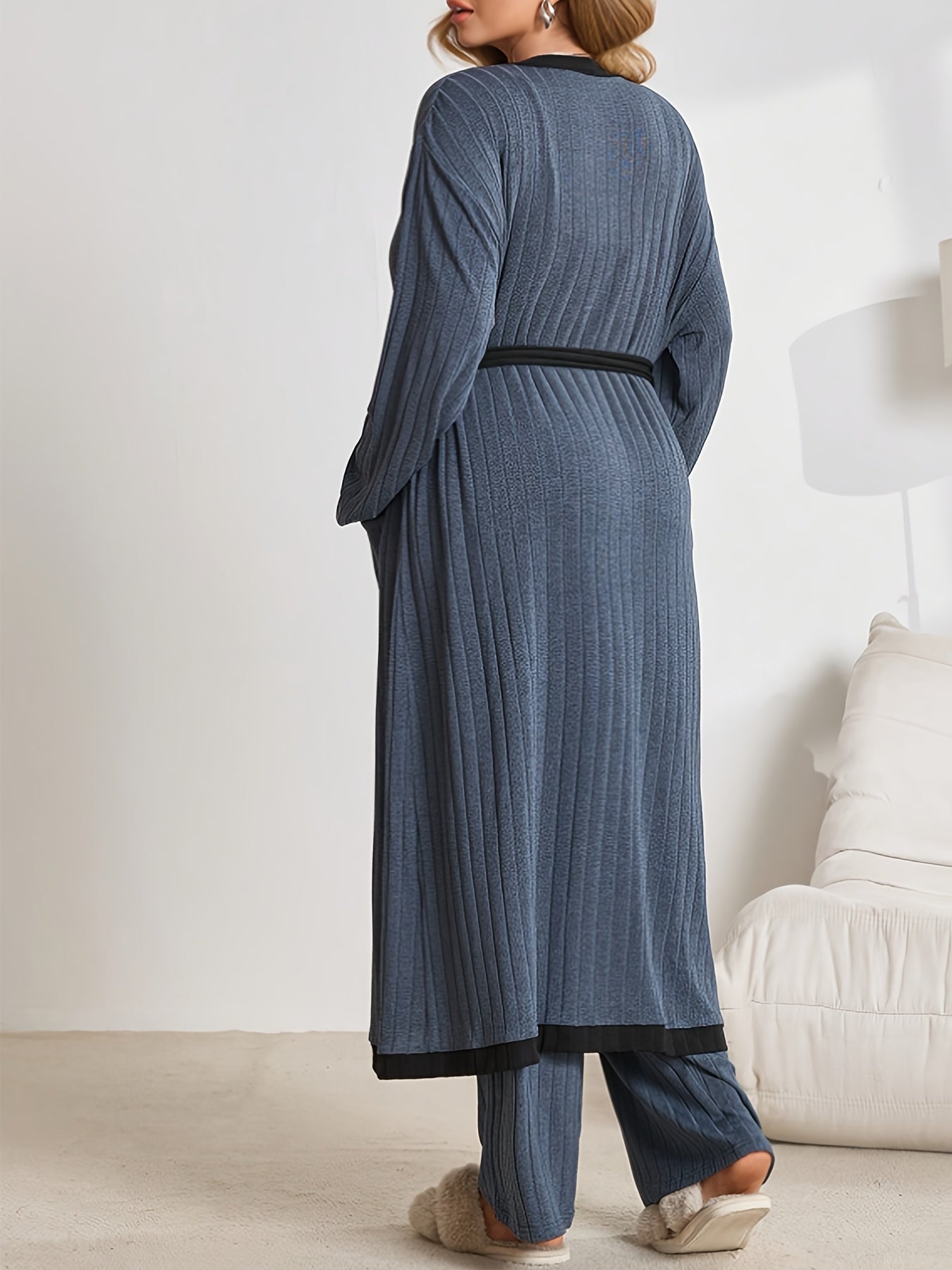 [Three-Piece Loungewear Set] New Autumn And Winter Fashion Warm Solid Color Ribbed Loungewear Set With Sleeveless V-Neck Tank Top + Straight Elastic Waistband Long Pants + Long Sleeve Color-Blocked Cardigan With Side Pockets