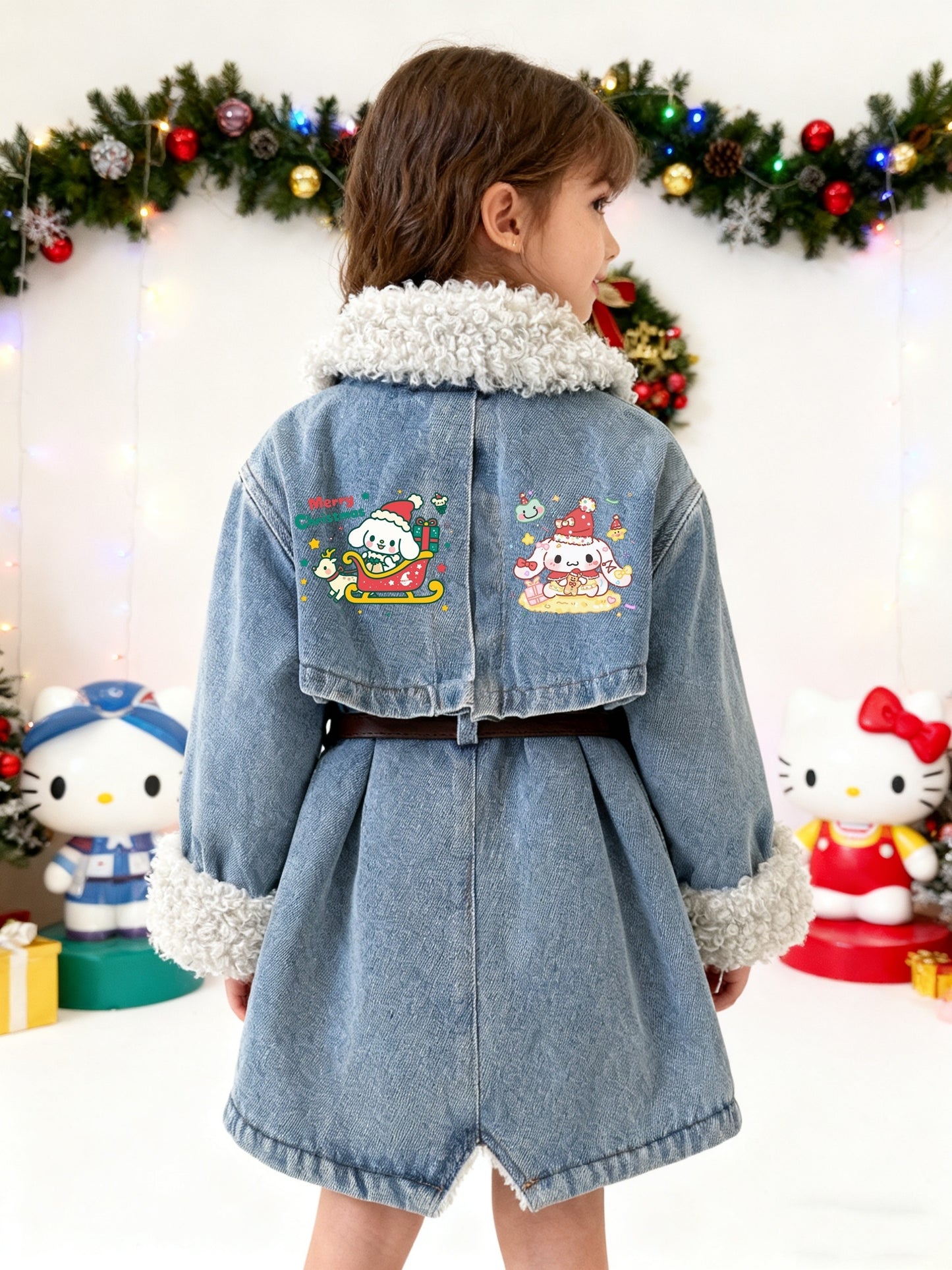 [Sanrio]Exclusive Design, Sanrio Family Print, Mid-long Length Fleece-lined Coat for Girls, Denim Fleece-lined Coat, The Latest Warm Coat for Autumn for and Winter. Comes with for a Belt. for a Gift for Your Daughter. for a M