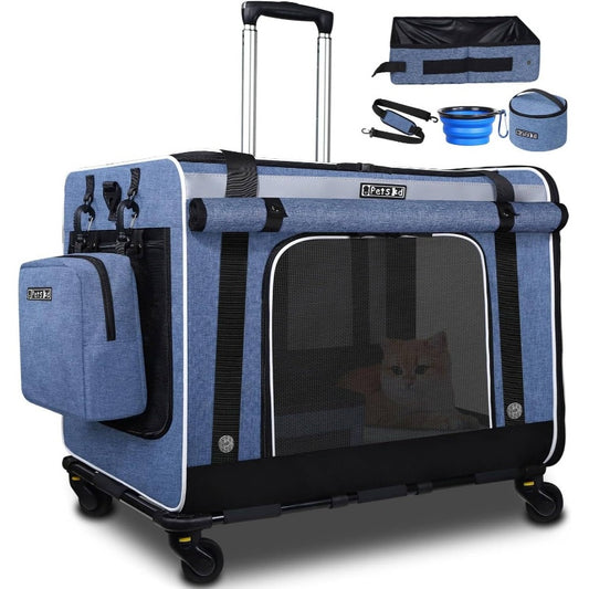 Large Rolling Carrier with Litter Box - 24x17x17 Inch Soft Pet Travel Crate with 5 Breathable Mesh Panels, Locking Zippers & 4-Wheel Mobility, Holds Up to 55 lbs, Spacious Design for Long-Distance Car Trips, Airplane & Car Tr