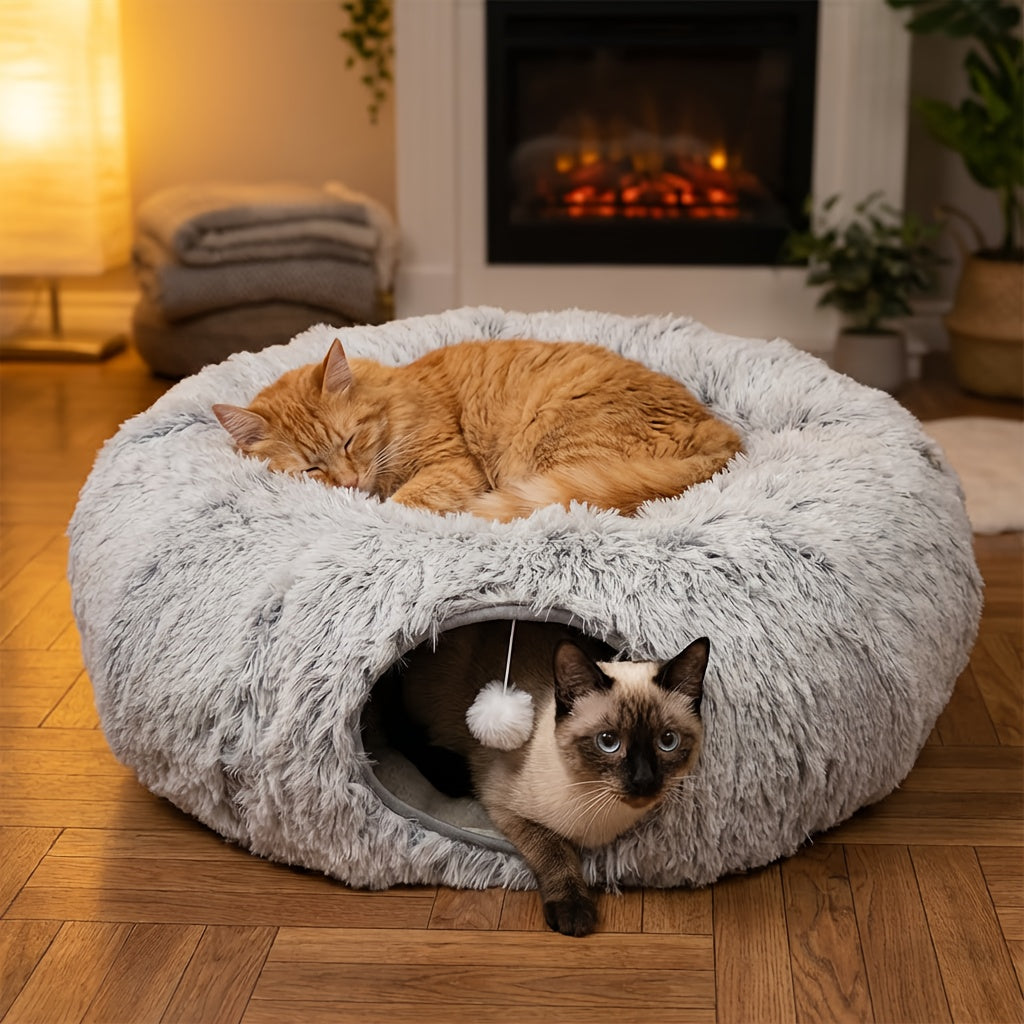 [Cozy Nest for Cats] 2-in-1 Plush Cat Tunnel Bed | Winter Warm Donut-Style Cozy Nest, Enclosed Hideaway with Peekaboo Hole & Hanging Pom Pom Toy, Extra Thick Soft Pet Bed for Anxiety Relief, Deep Sleep, Non Slip Bottom, Multi