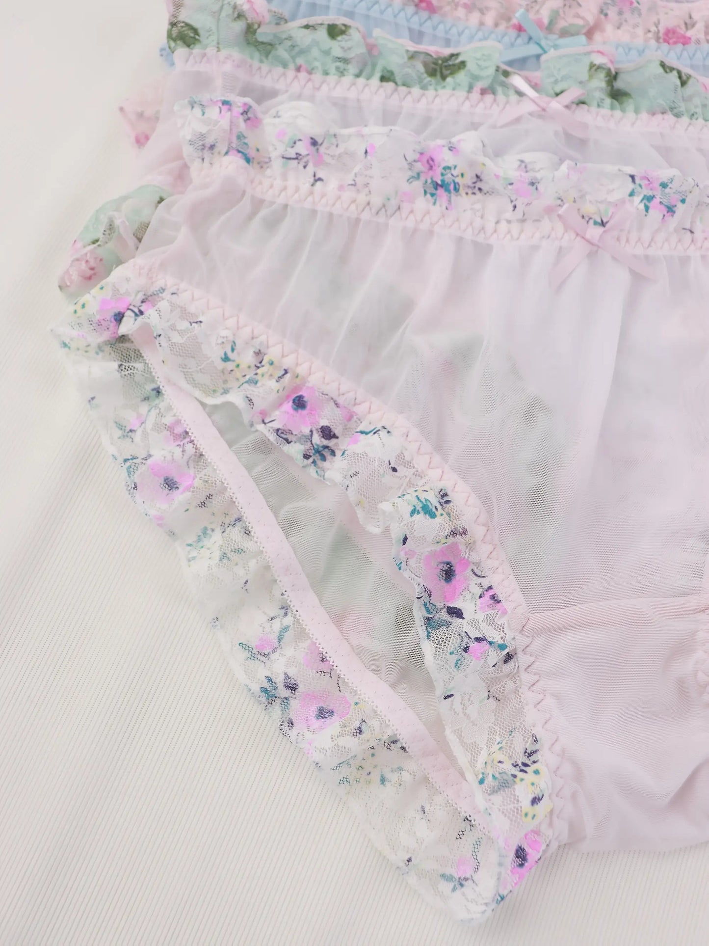 5pcs Set Women's Plus-Size Sheer Mesh Underwear - Sweet & Lace Trim with Ruffled Edges & Bow Accent, Pastel Colors (Pink, Blue, Lavender, Mint, White) - Semi-Transparent Comfortable Everyday Panties, Machine Washable, Multi-C